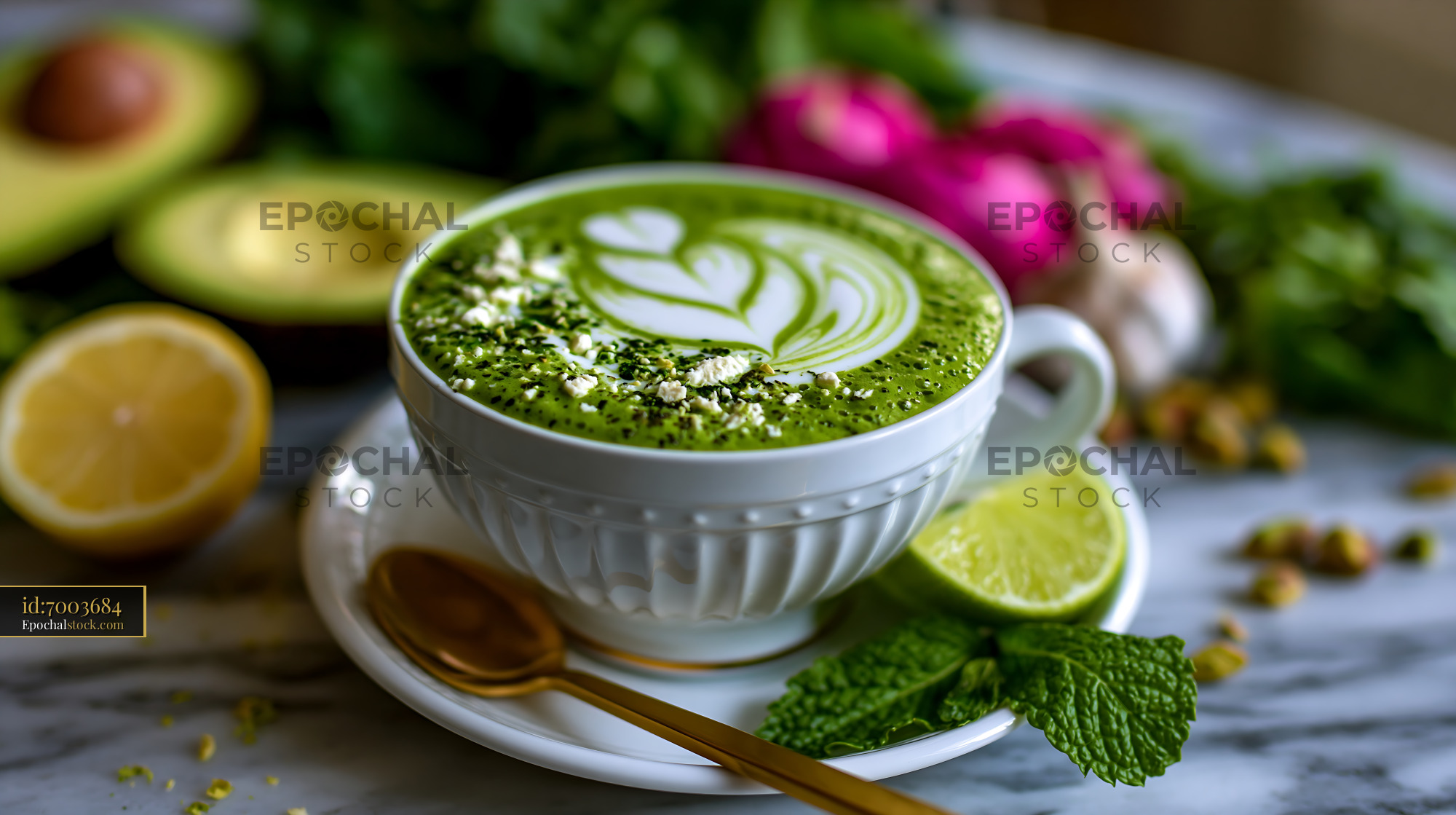 Watermarked full-resolution preview of Green matcha latte with herbs and fruits on a marble table