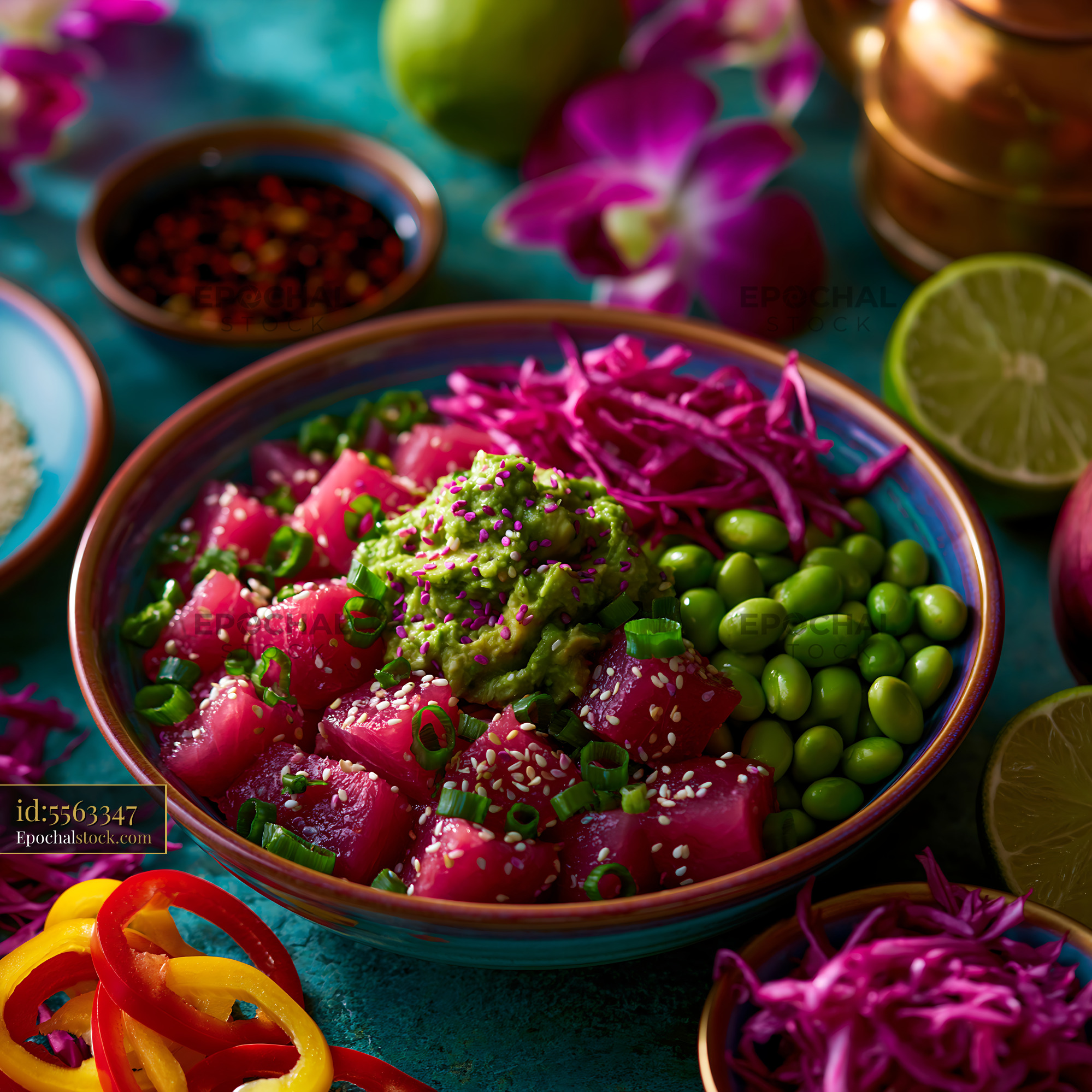Watermarked full-resolution preview of Colorful bowl of fresh poke with vegetables and toppings