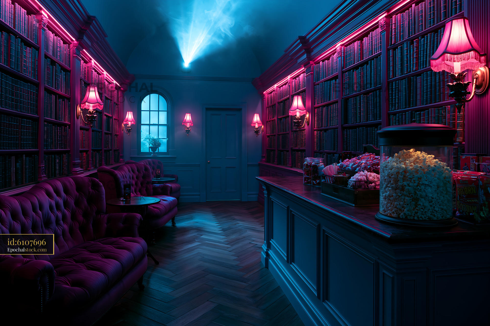 Dark Academia Basement Cinema With Cozy Seating and Popcorn - stock photo