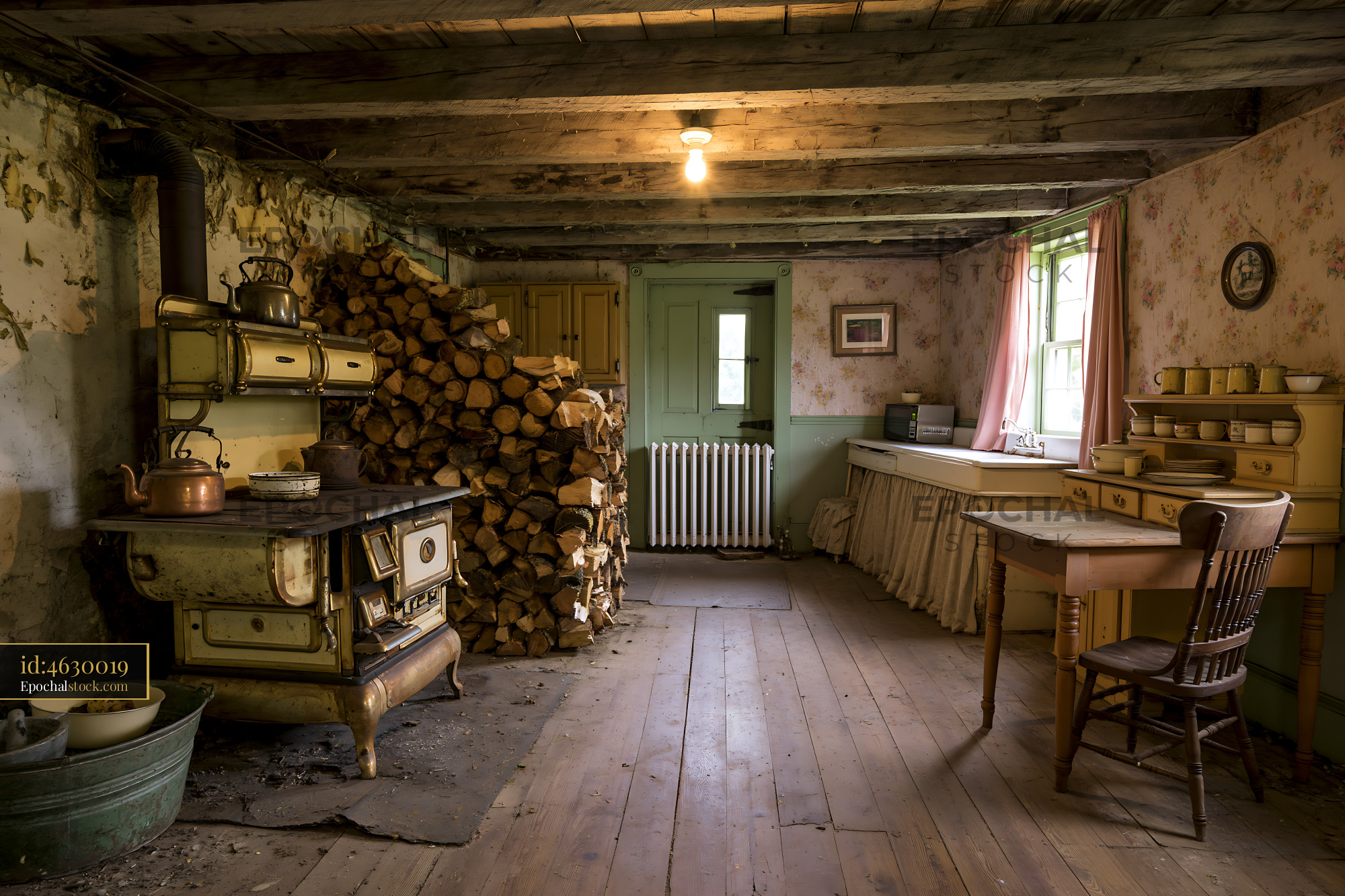 Watermarked full-resolution preview of Rustic interior of an old house with stacked firewood and kitchen