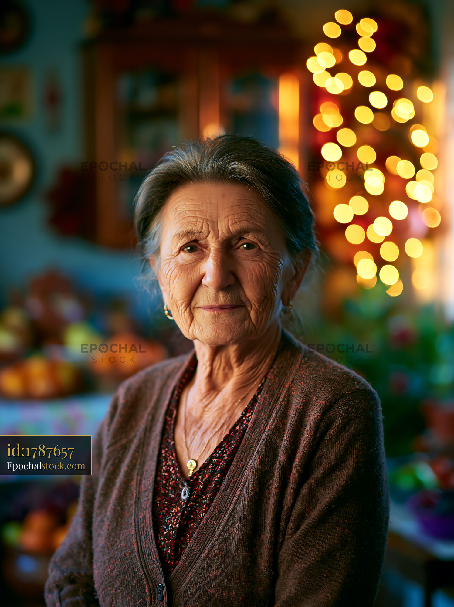 Watermarked full-resolution preview of Elderly woman standing indoors near decorated Christmas tree