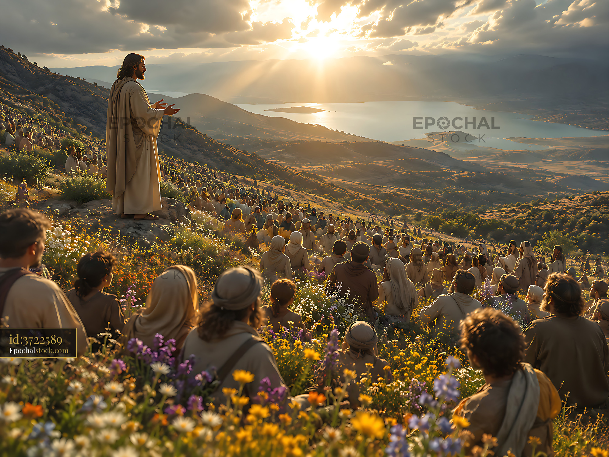Watermarked full-resolution preview of Crowd listening to a speaker on a hillside at sunset
