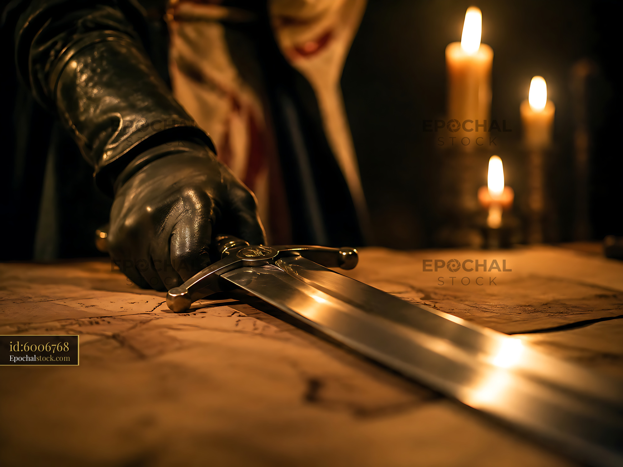 Sword Rests on Old Map in Dark Room With Flickering Candles - stock photo