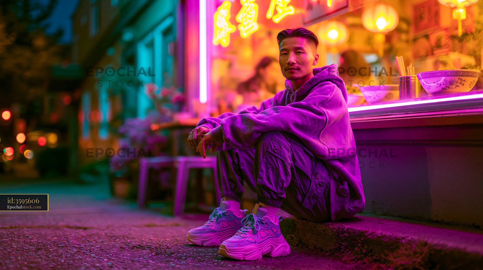 Watermarked full-resolution preview of Person sitting on sidewalk near restaurant at night