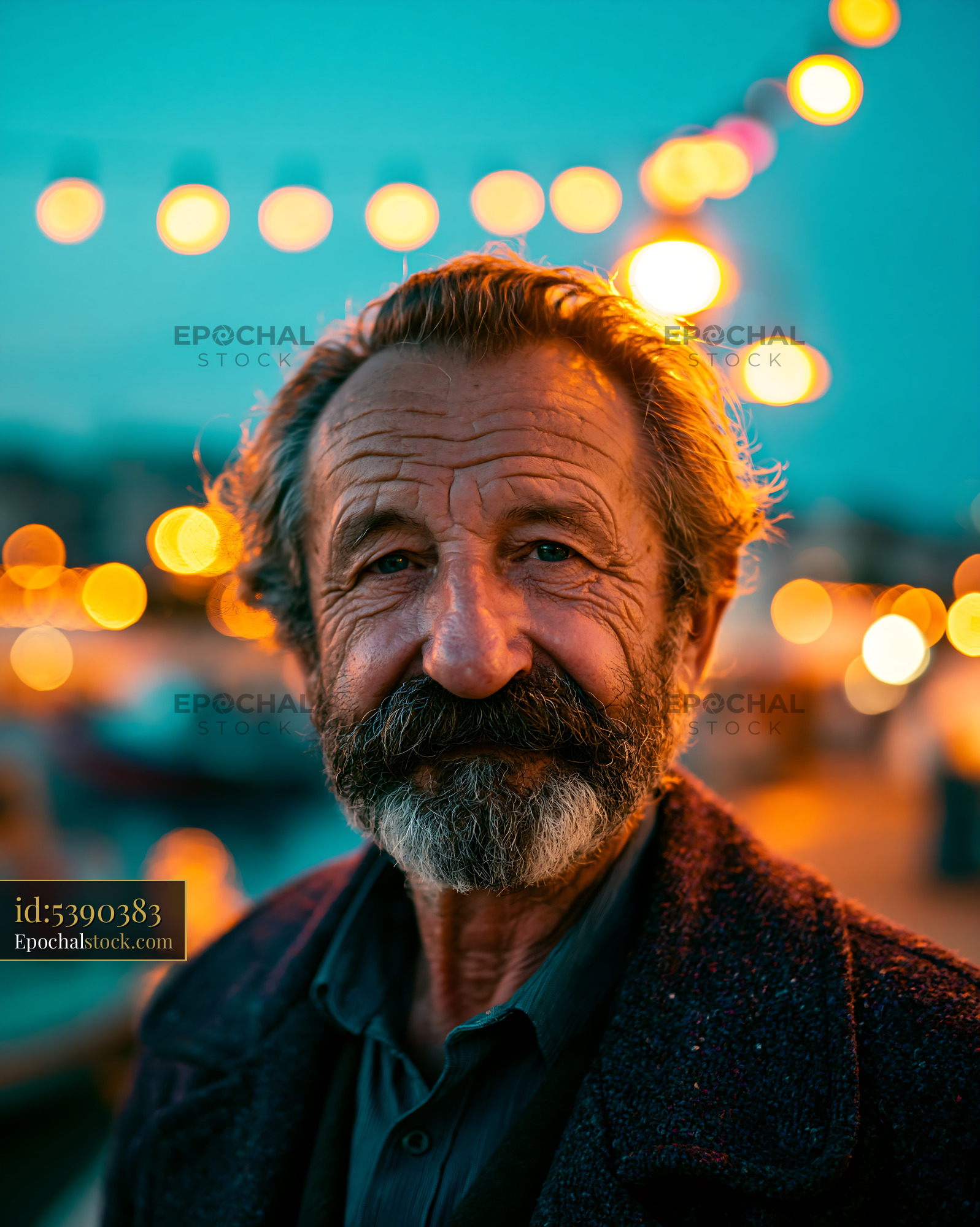 Watermarked full-resolution preview of Man with beard at a festive outdoor event in the evening