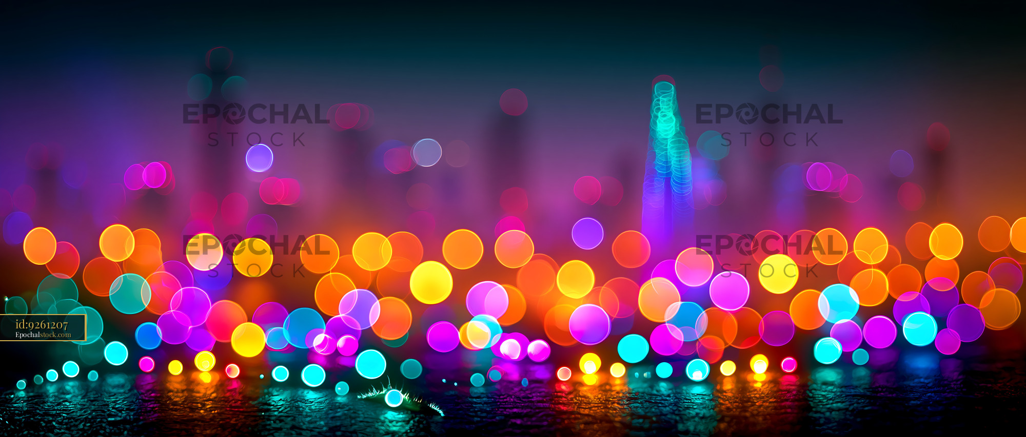 Watermarked full-resolution preview of Colorful bokeh lights in a cityscape at night