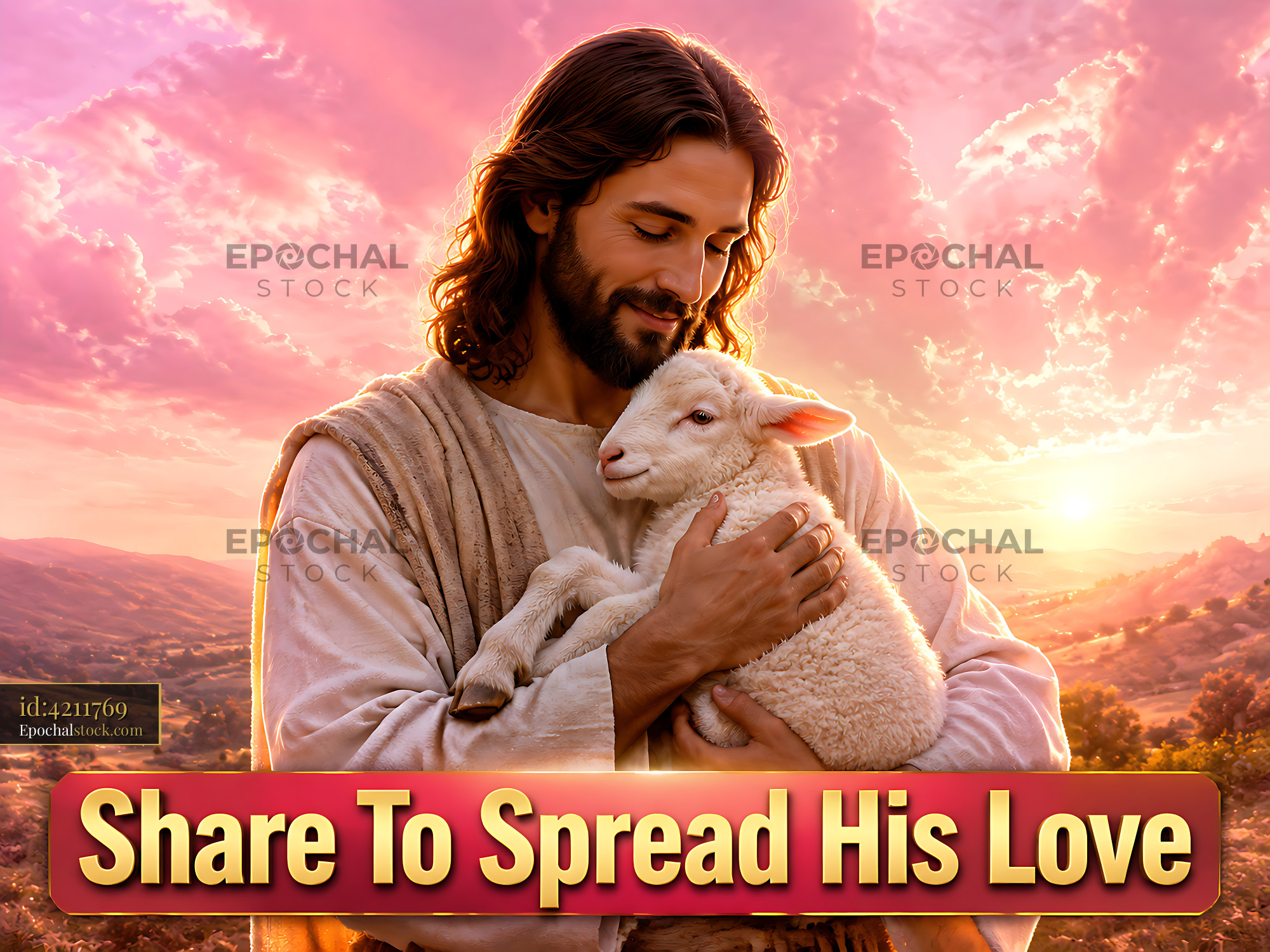 Watermarked full-resolution preview of Man holding a lamb against a sunset background