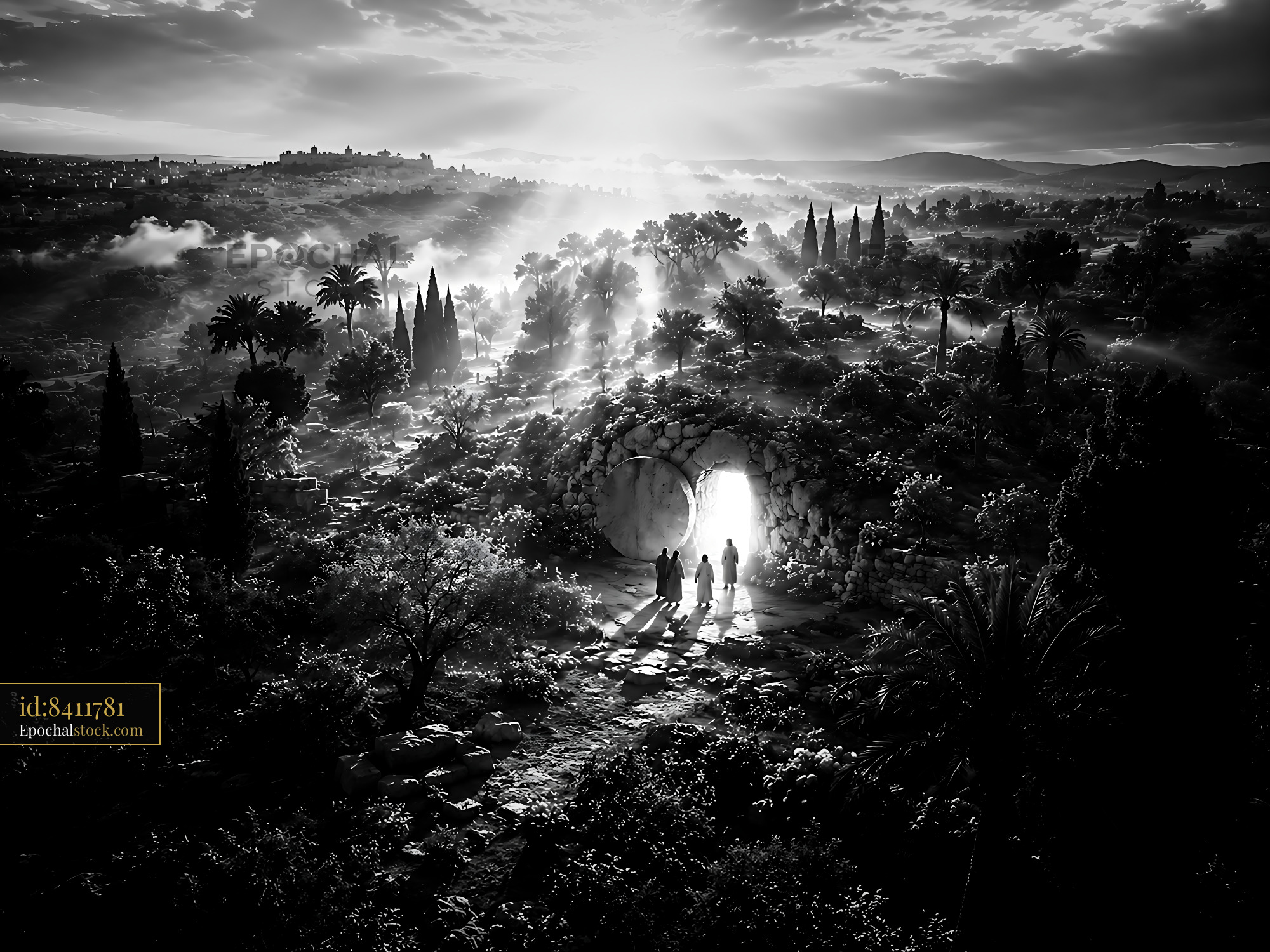 Watermarked full-resolution preview of Sunrise over a desert landscape with silhouettes near a cave