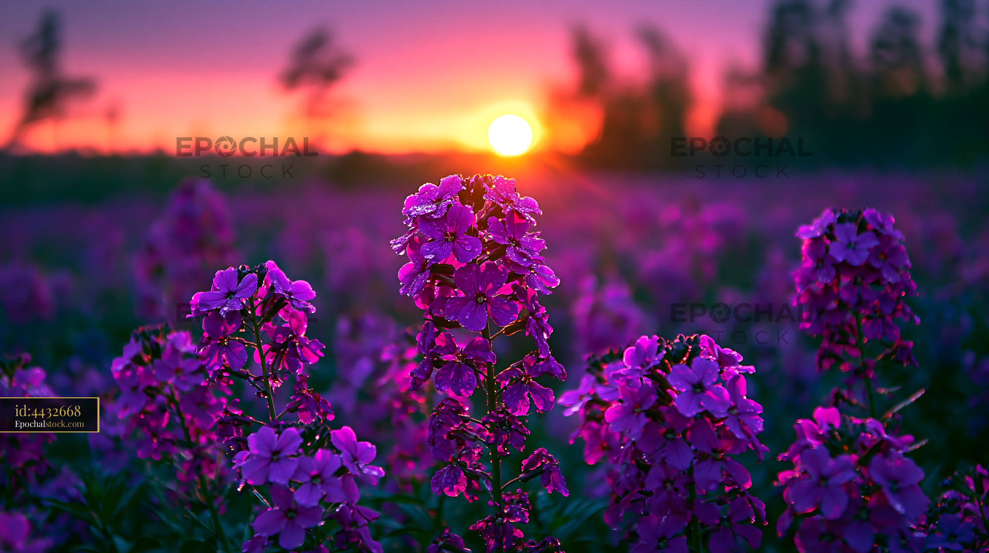 Watermarked full-resolution preview of Sunset over a field of purple flowers with trees in the background
