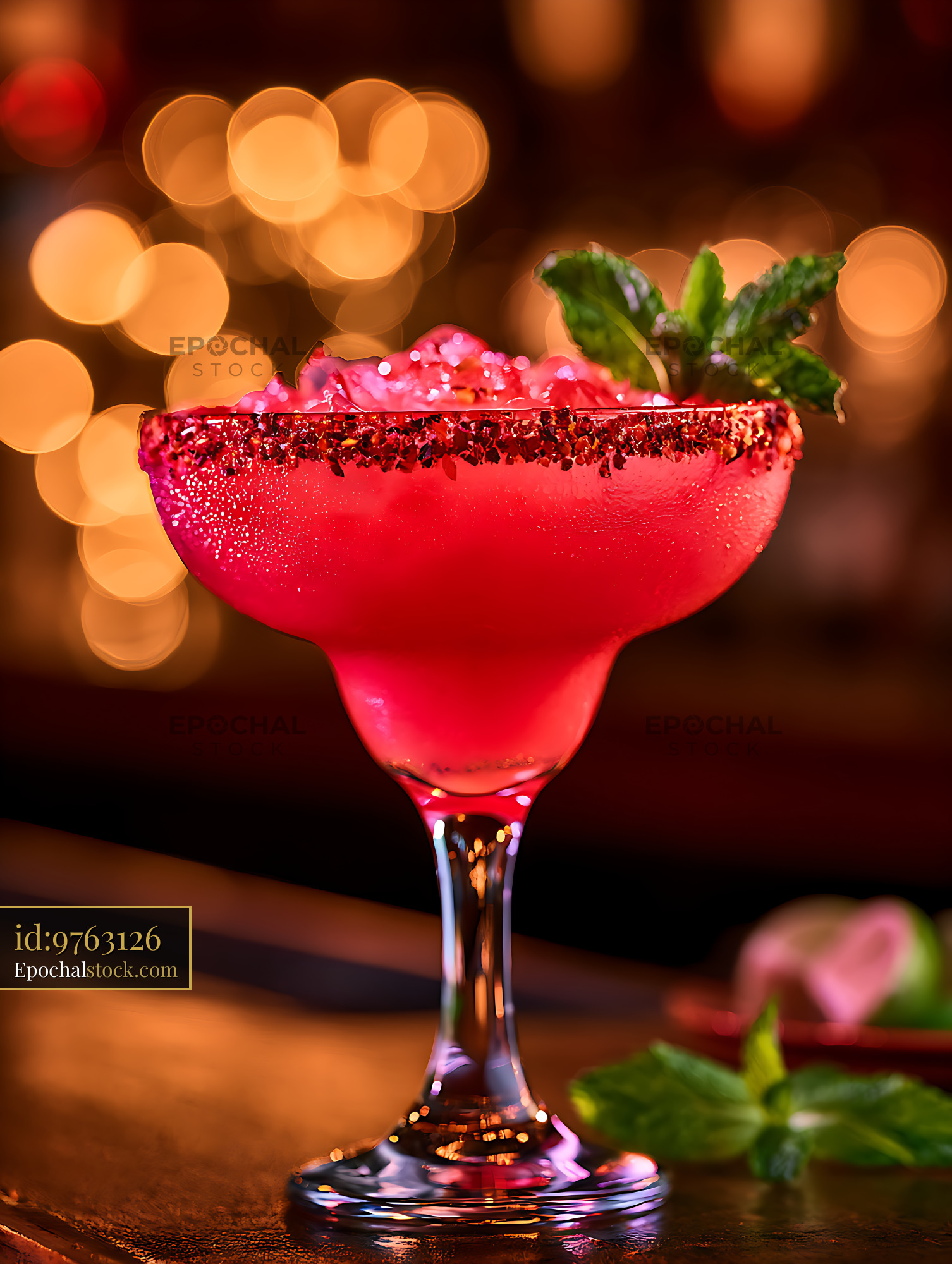 Watermarked full-resolution preview of Vibrant red cocktail with lime and mint in warm bokeh