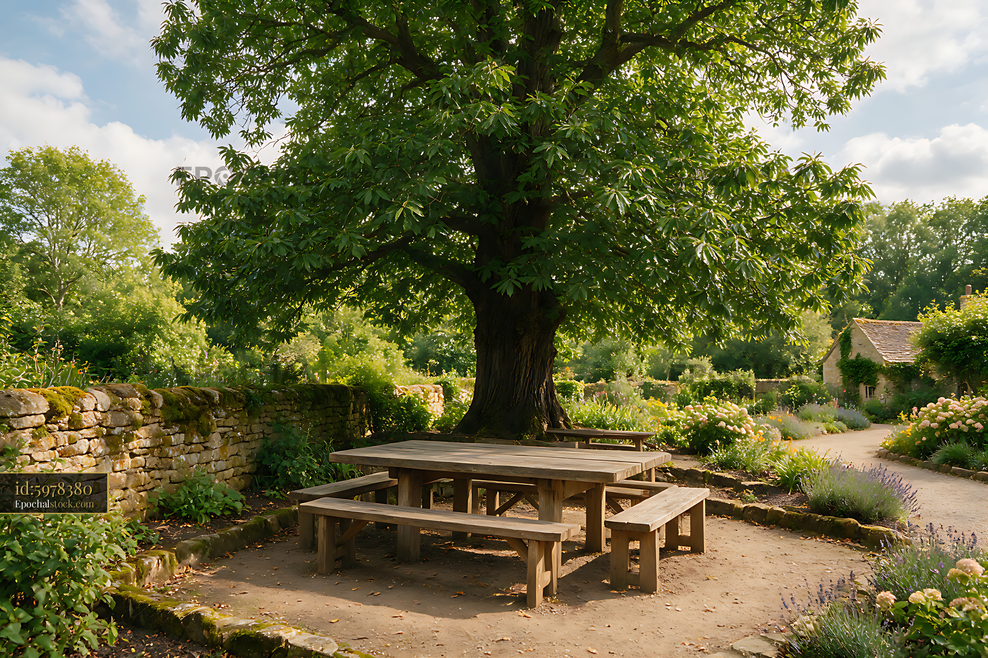 Watermarked full-resolution preview of Wooden picnic area under a broad leafy tree