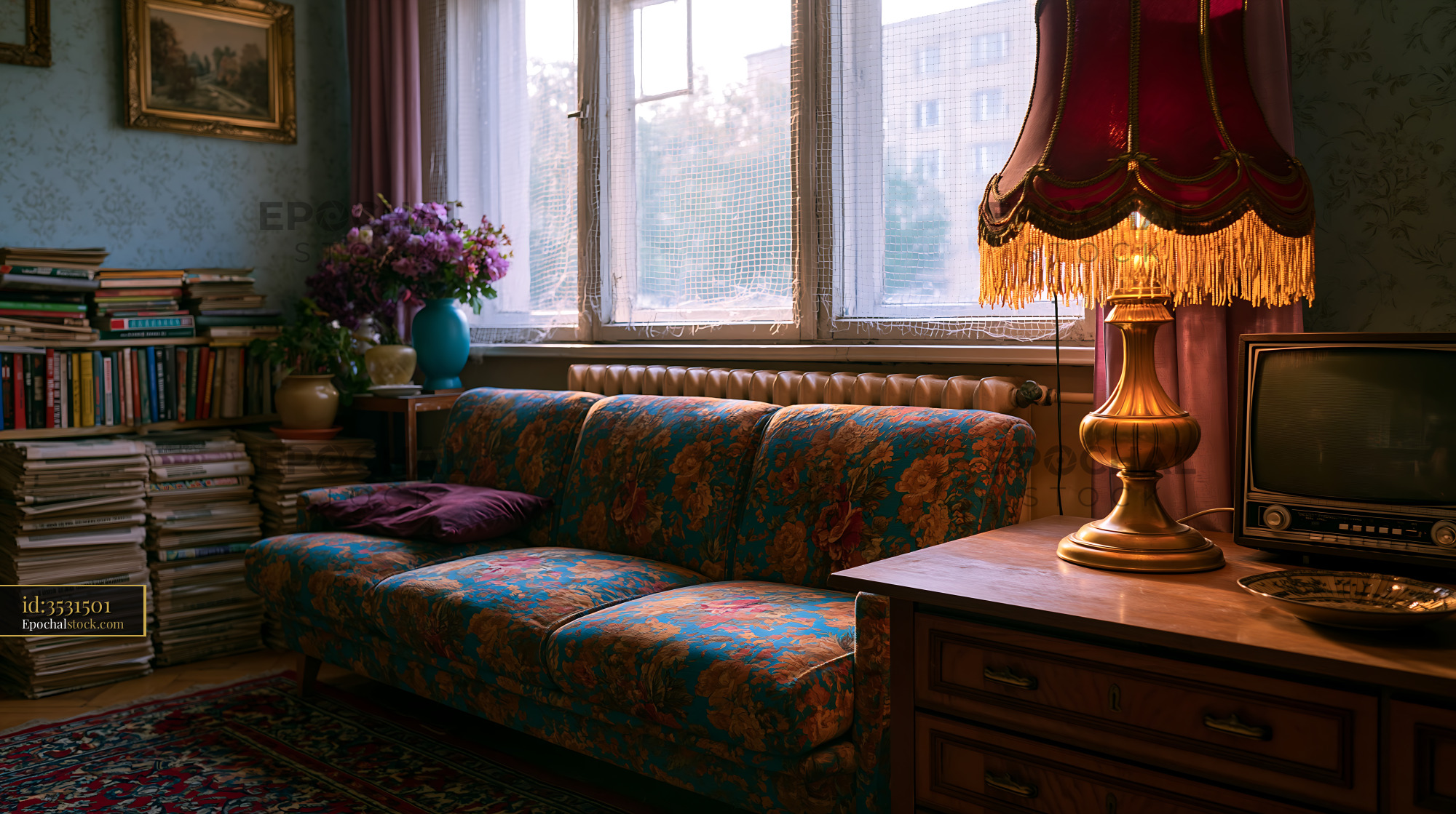 Watermarked full-resolution preview of Cozy living room setup with vintage furniture and decor