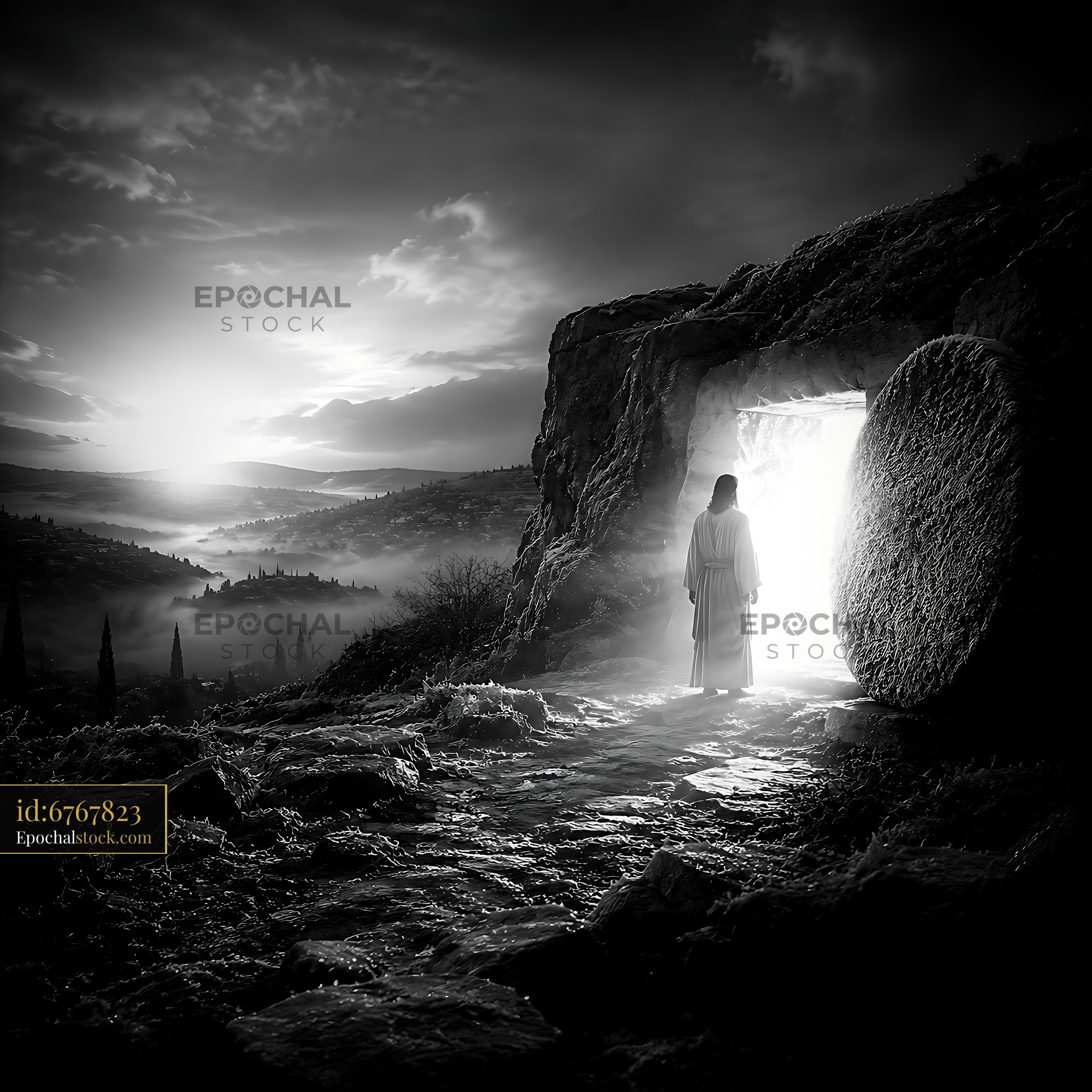 Person Standing at a Stone Tomb Entrance in a Valley Landscape - stock photo