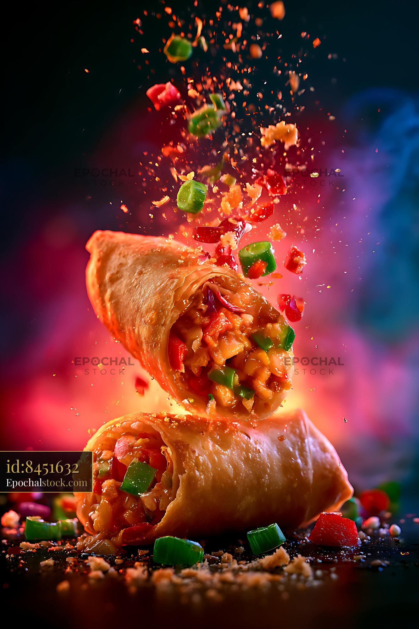 Watermarked full-resolution preview of Colorful stuffed wraps with flying vegetables