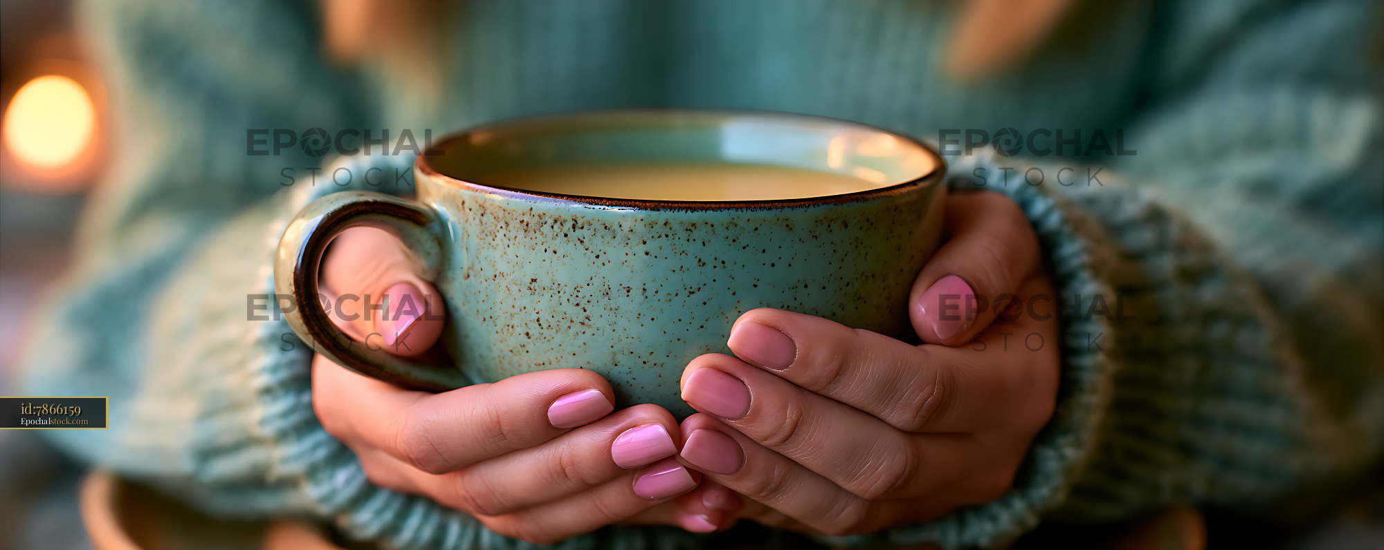 Watermarked full-resolution preview of Hands holding a speckled ceramic cup in a cozy setting