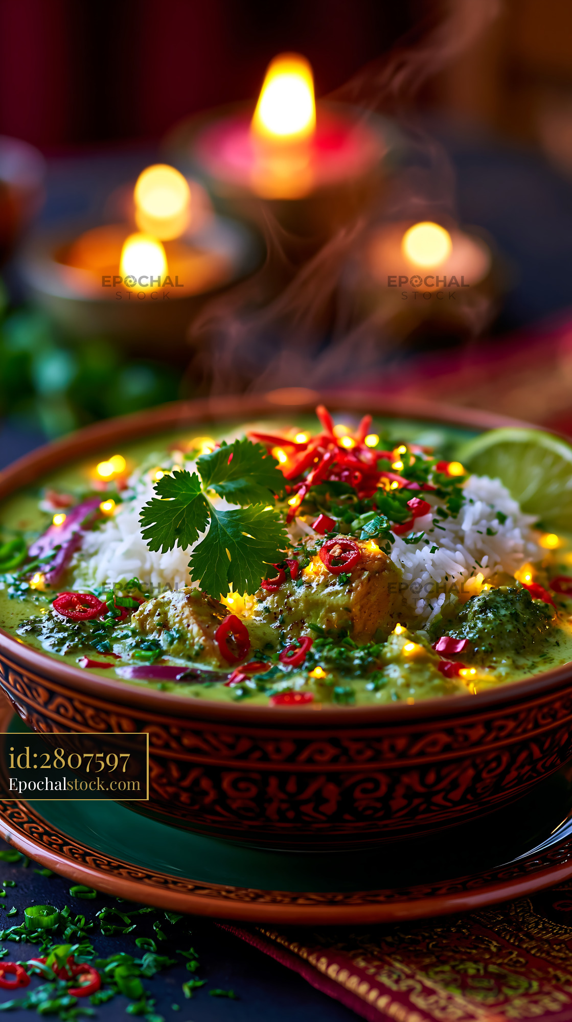 Thai Green Curry With Jasmine Rice Served in a Bowl - stock photo