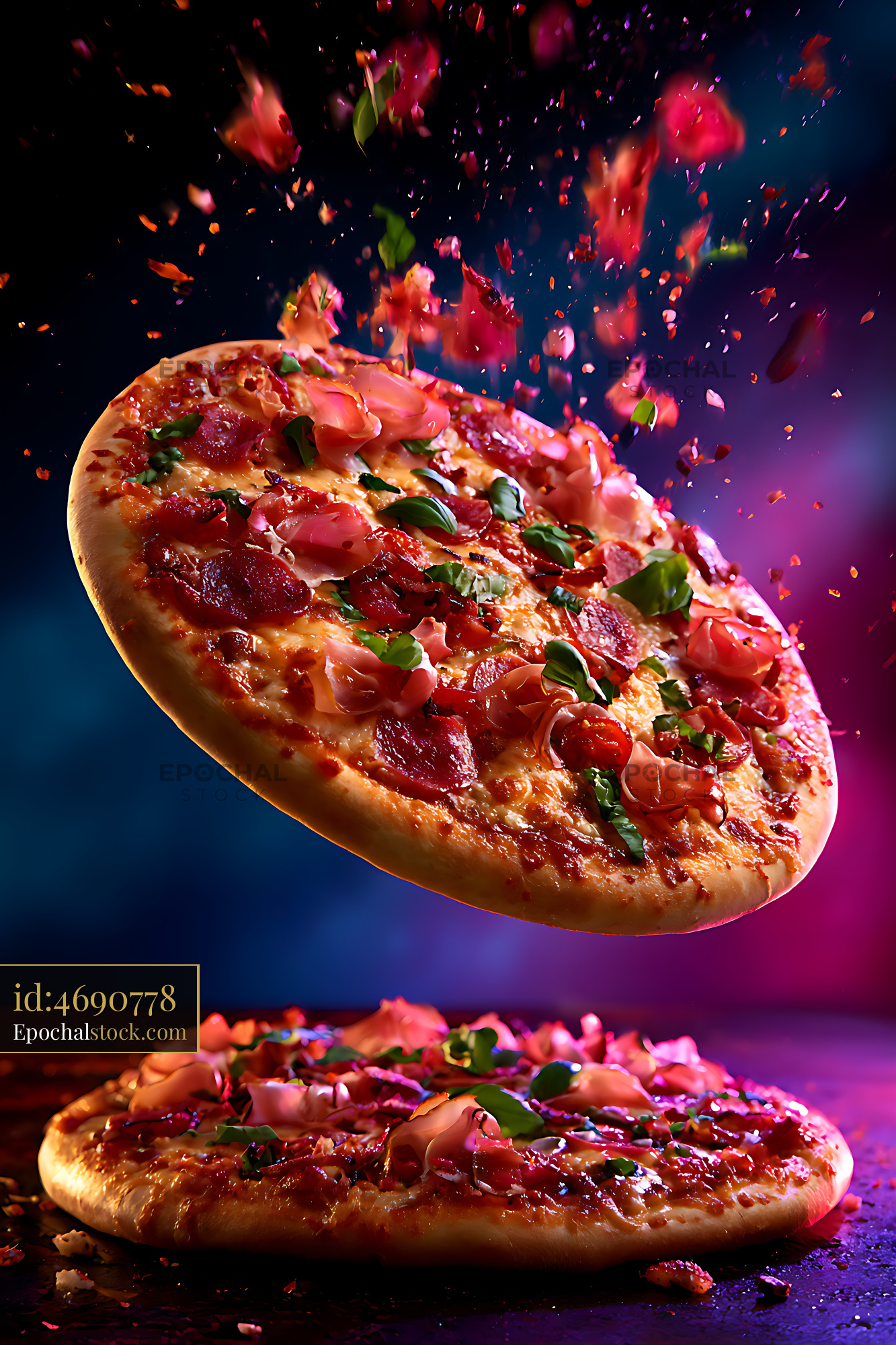 Watermarked full-resolution preview of Floating pepperoni pizza with colorful flying ingredients