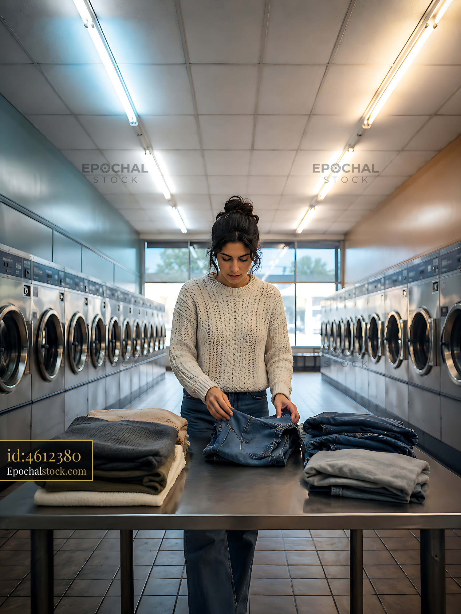 Watermarked full-resolution preview of Woman folding clothes in a laundromat during daytime