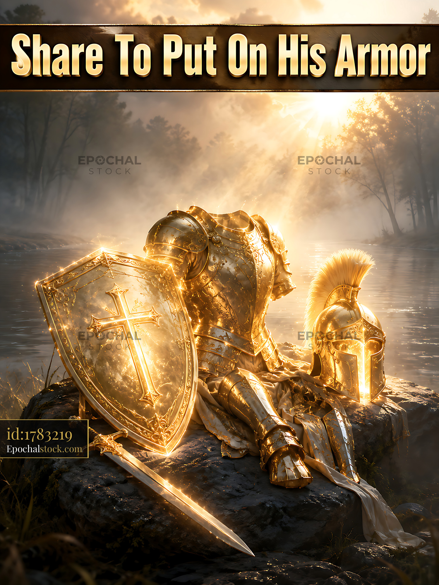 Watermarked full-resolution preview of Golden armor set beside a river at sunrise