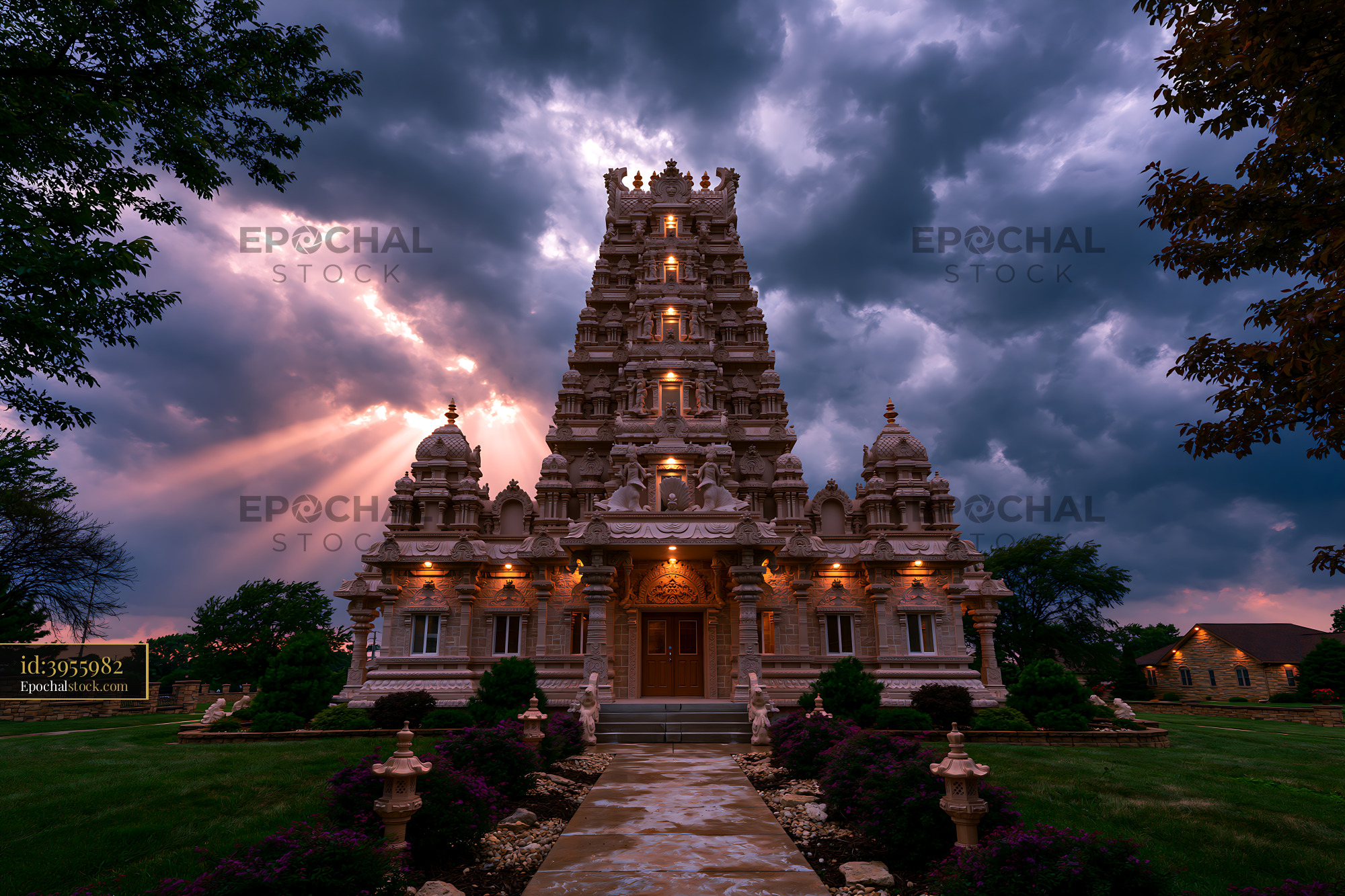 Watermarked full-resolution preview of Hindu temple with detailed architecture under cloudy sky
