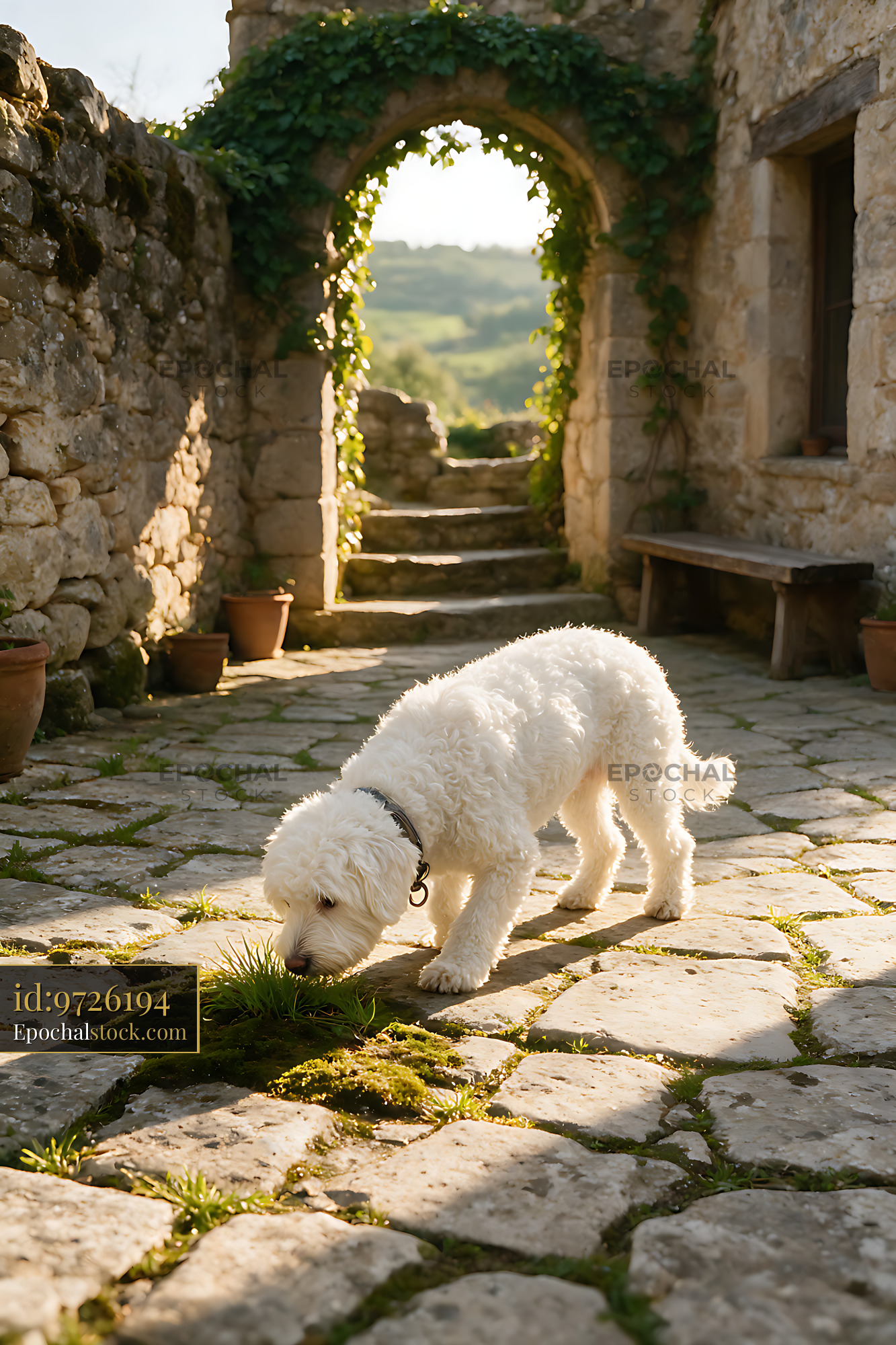 Watermarked full-resolution preview of White dog exploring an old stone courtyard