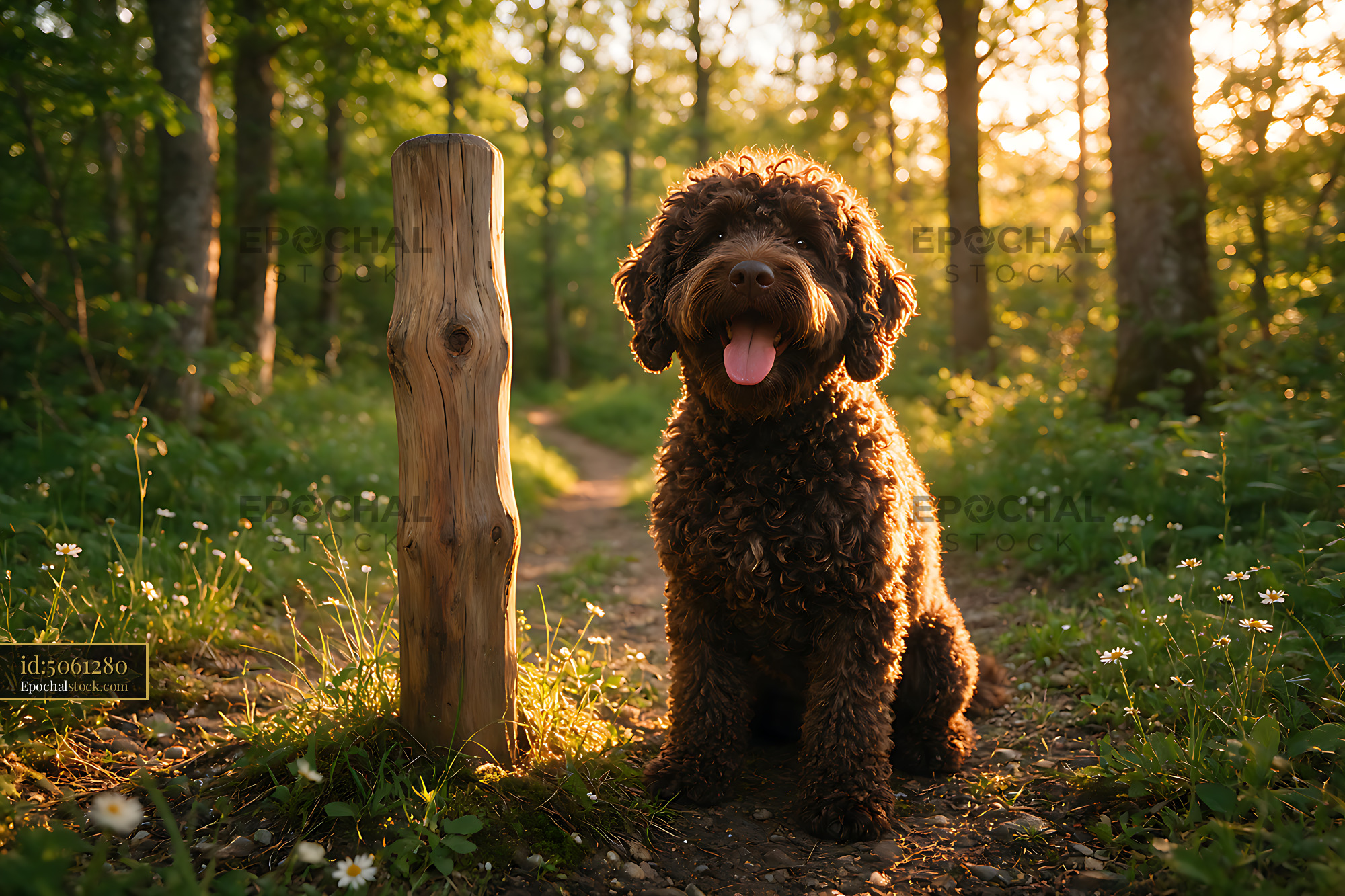 Watermarked full-resolution preview of Brown curly dog sitting on woodland path