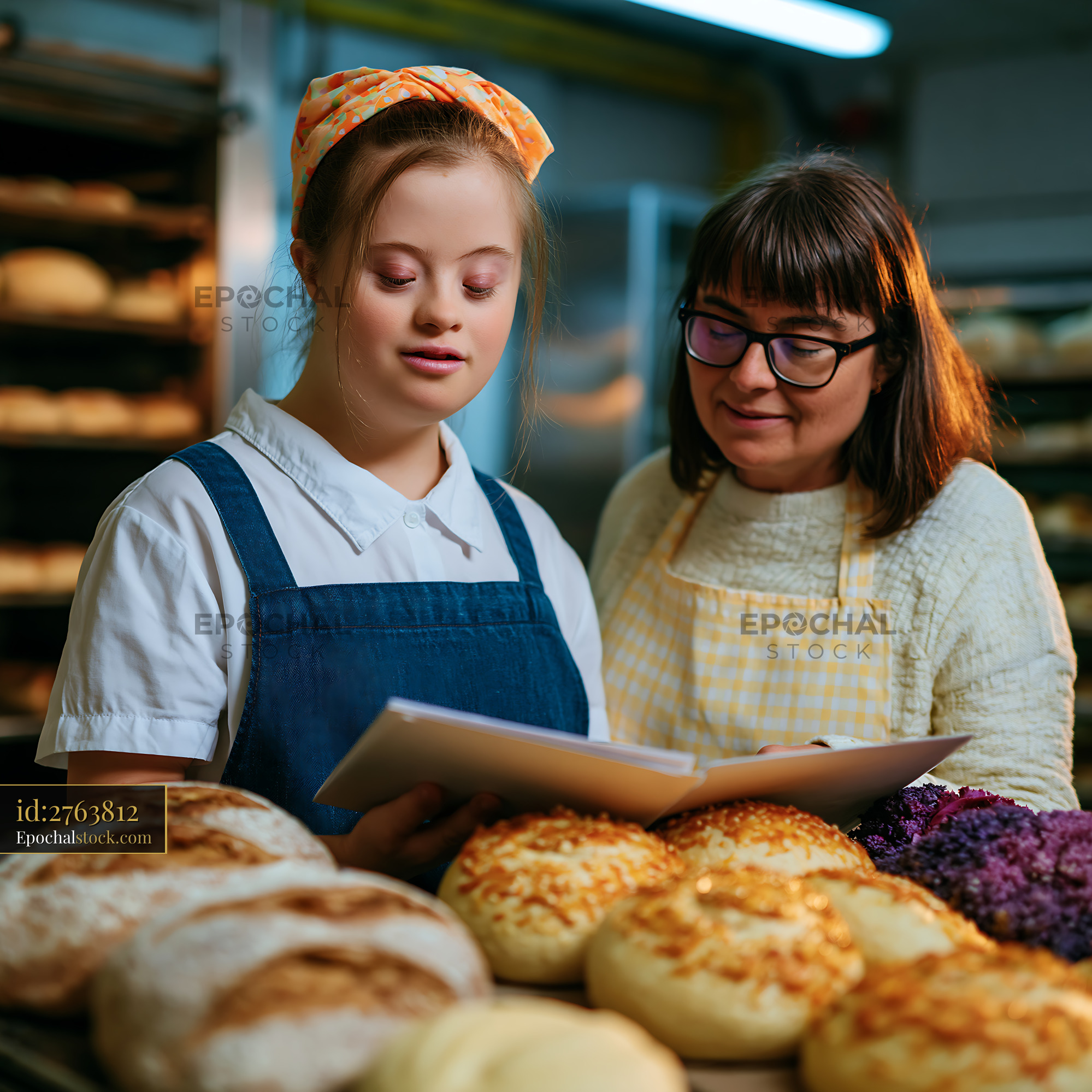 Watermarked full-resolution preview of Bakers reviewing a recipe in a bakery with fresh bread