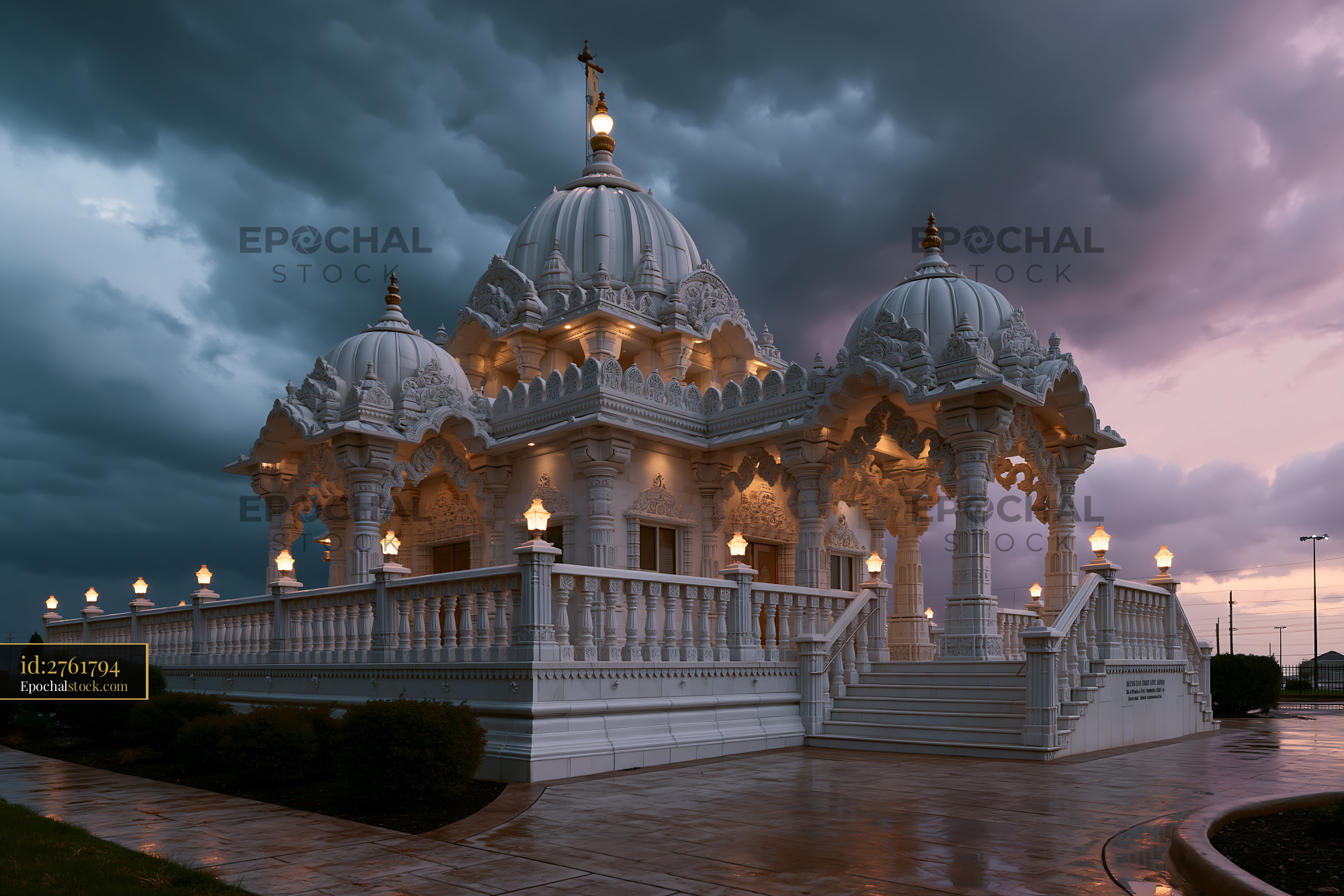 Watermarked full-resolution preview of White domed temple under stormy evening skies