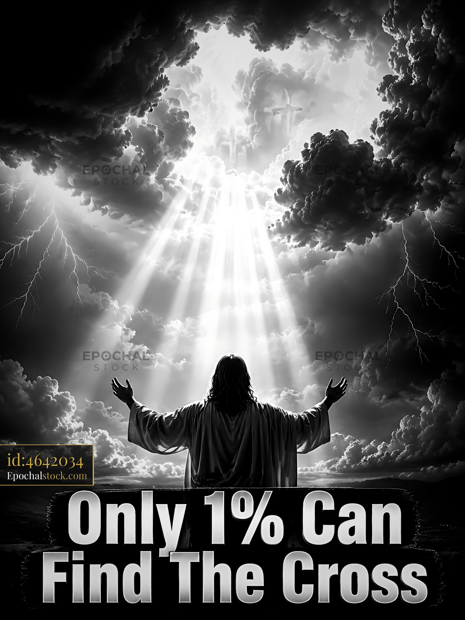 Watermarked full-resolution preview of Light breaks through clouds above figure with arms raised