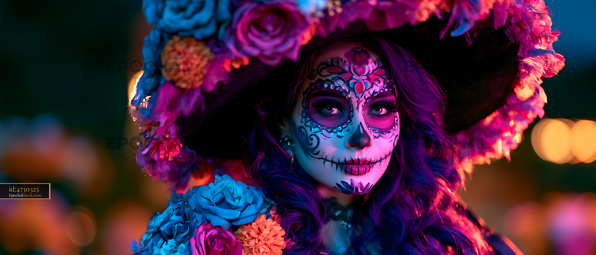 Watermarked full-resolution preview of Celebration of life through vibrant makeup and floral decorations