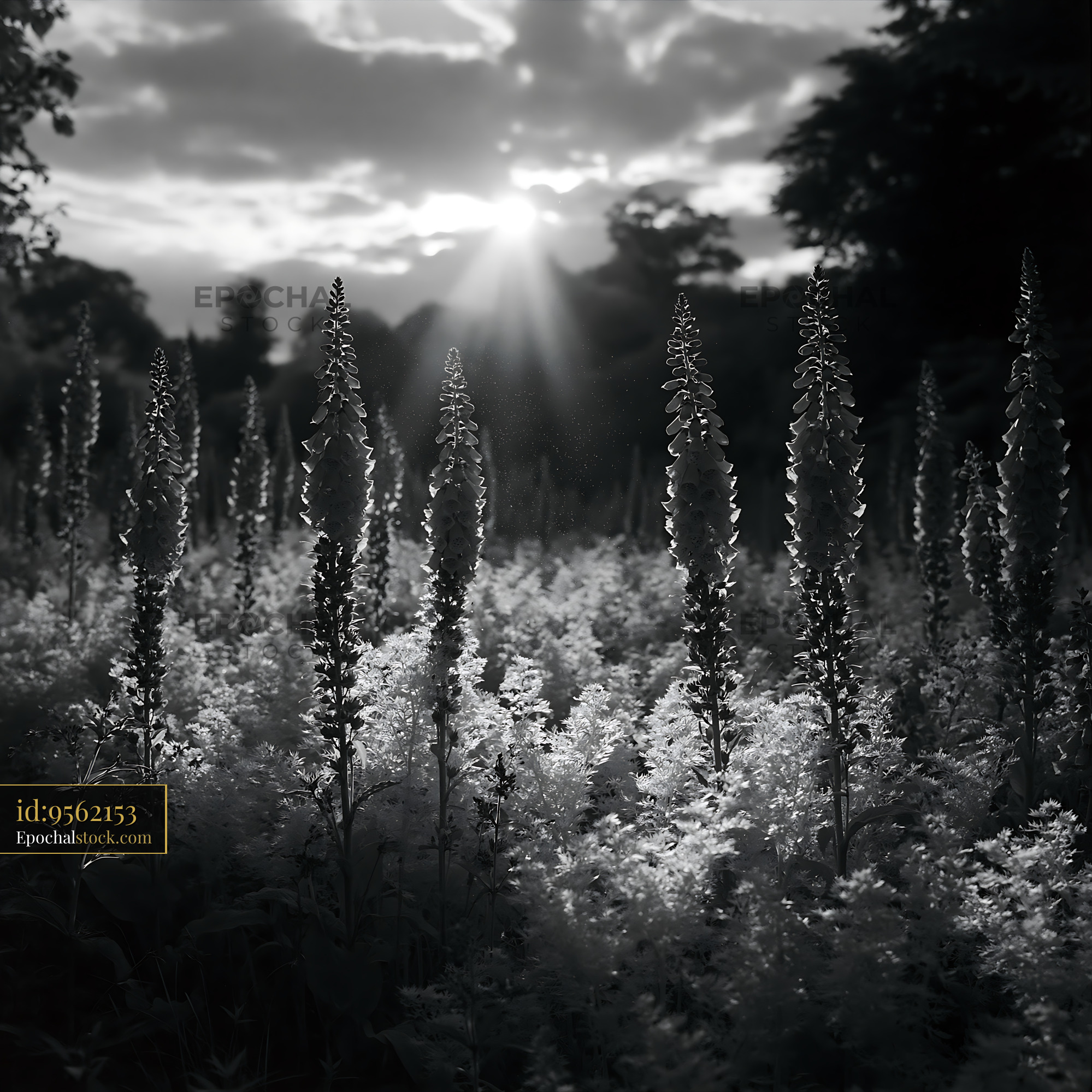 Watermarked full-resolution preview of Lupins in bloom under sunlight during golden hour