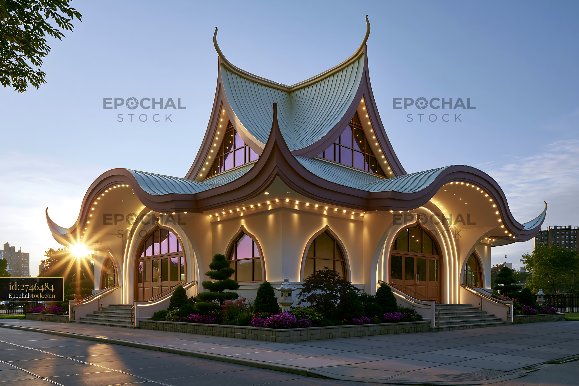 Watermarked full-resolution preview of Building with unique architecture and soft lighting at sunset