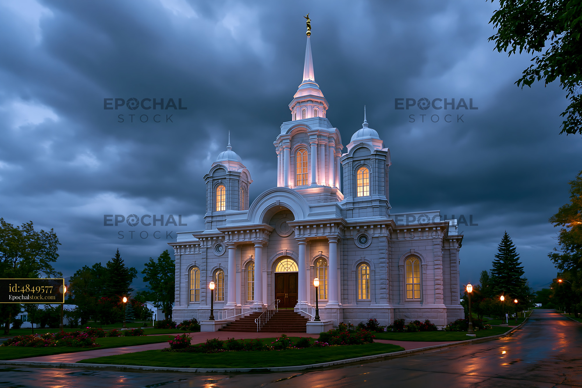 Watermarked full-resolution preview of Church building with lights on during a cloudy evening