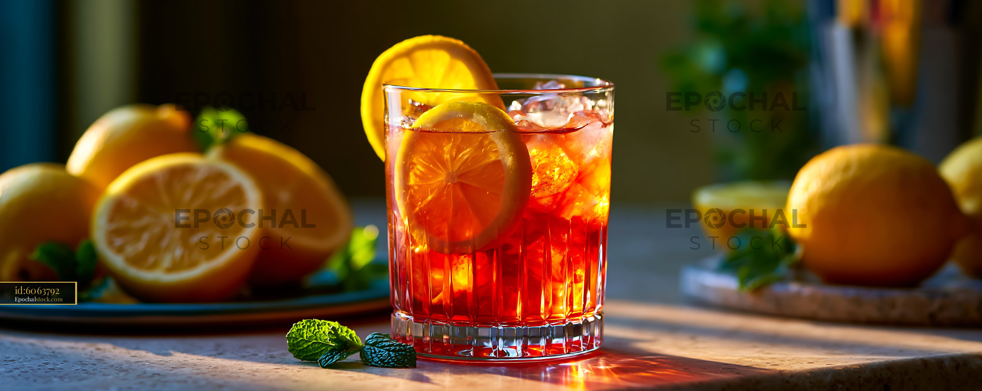 Watermarked full-resolution preview of Refreshing citrus drink with lemon slices on a table