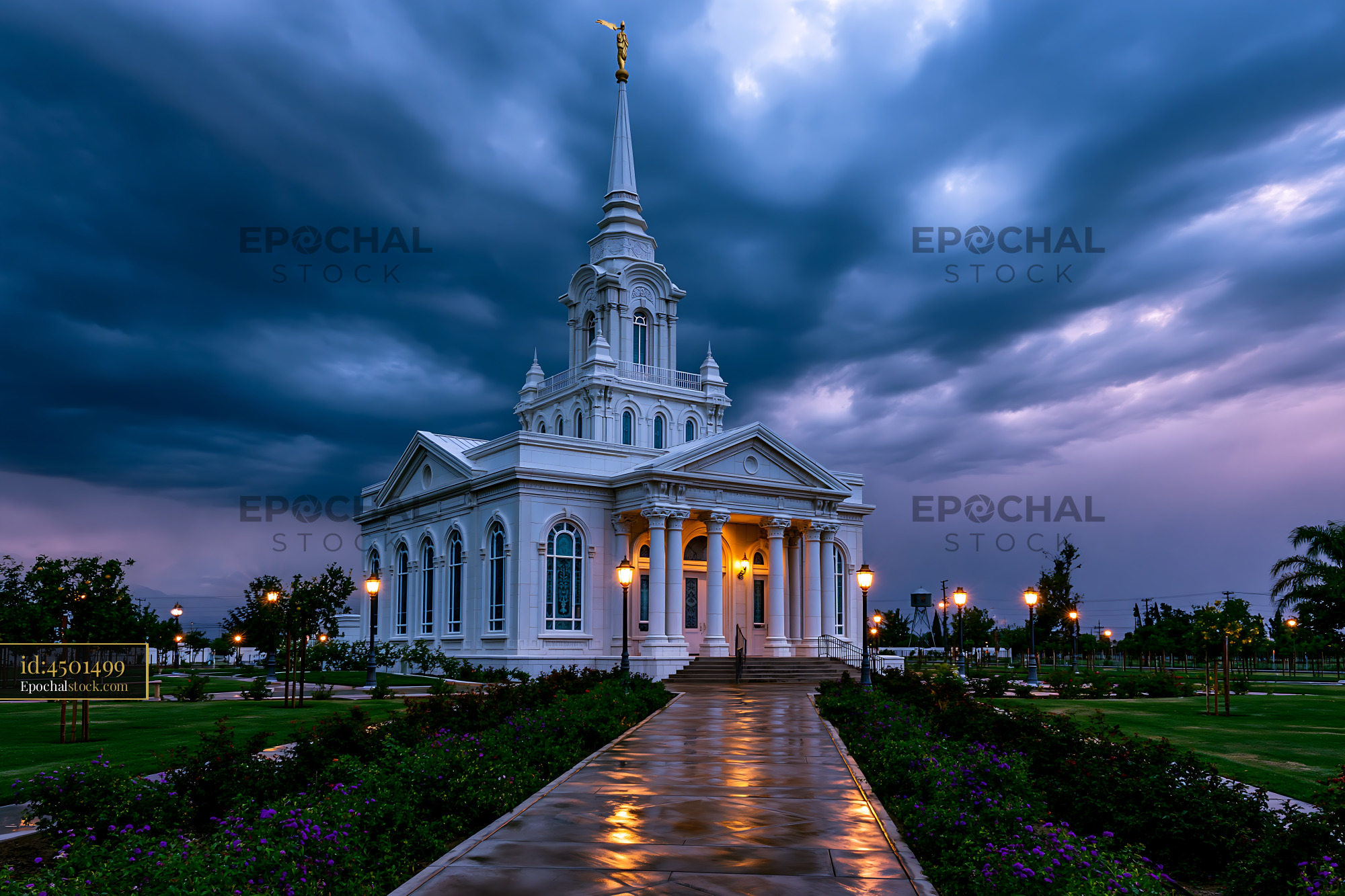 Watermarked full-resolution preview of Church building under cloudy sky with wet pathway at dusk
