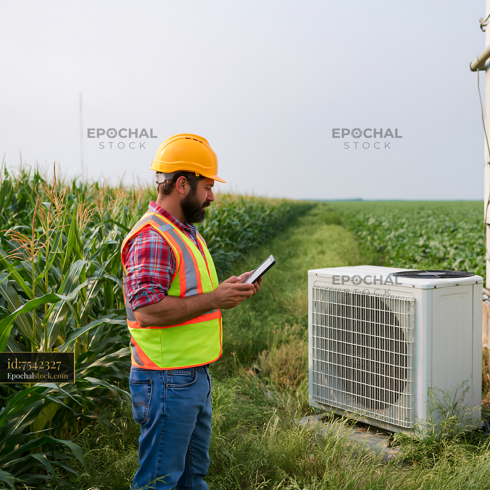 Watermarked full-resolution preview of Farmer using tablet near air conditioning unit in cornfield
