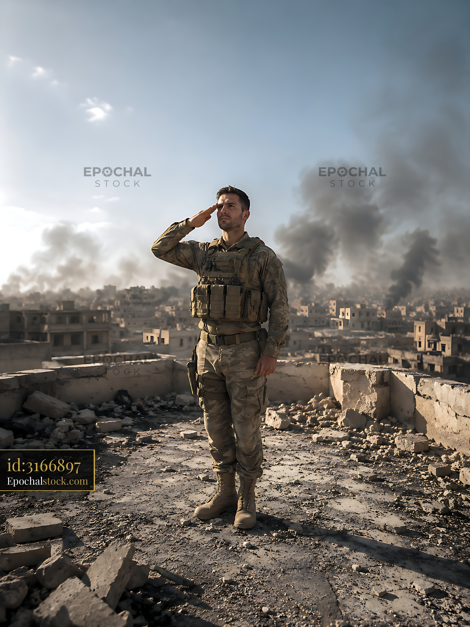 Watermarked full-resolution preview of Soldier saluting in a war-torn city amid smoke