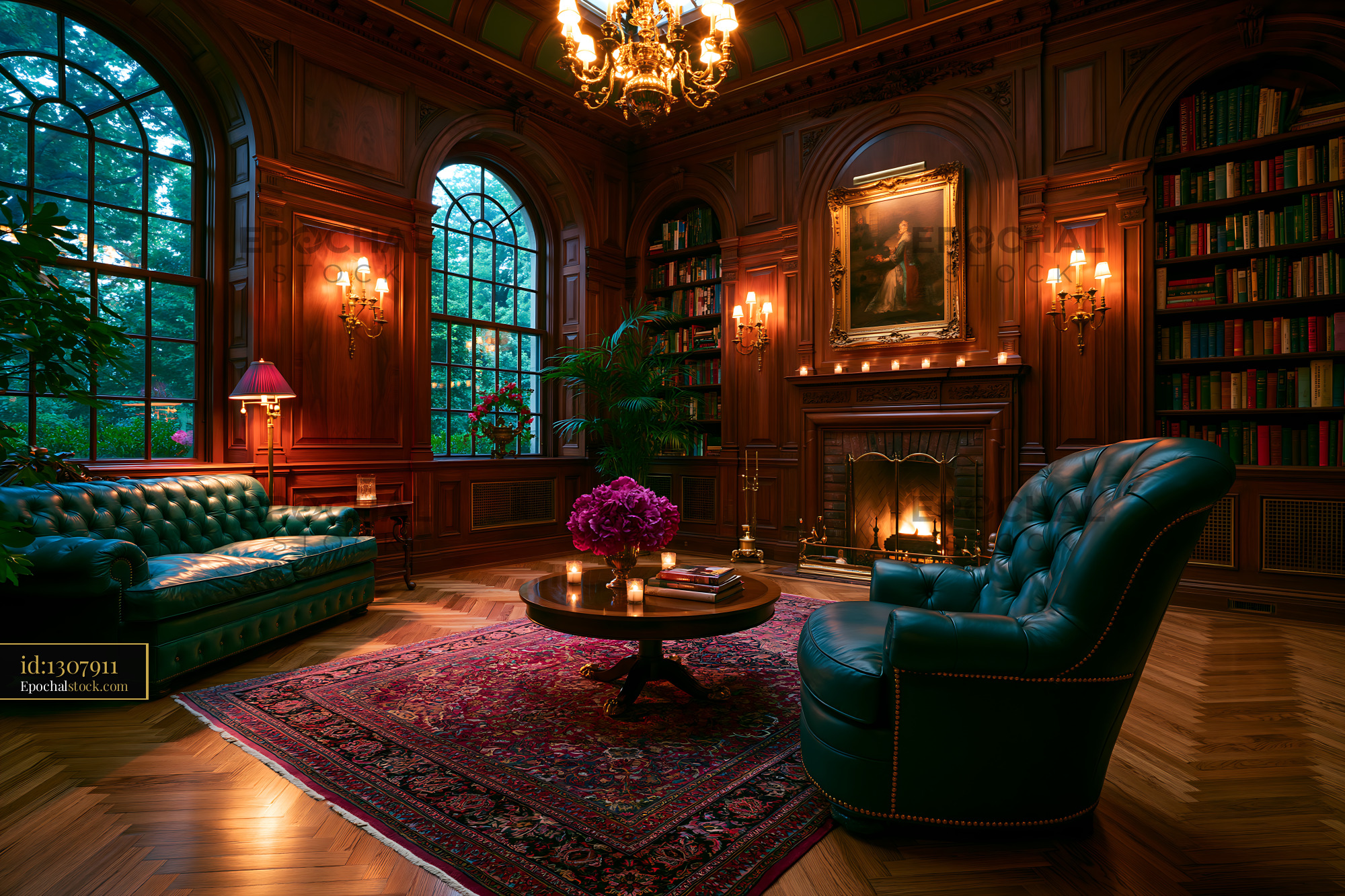 Cozy Luxury Den With Walnut Paneling in Evening Light - stock photo