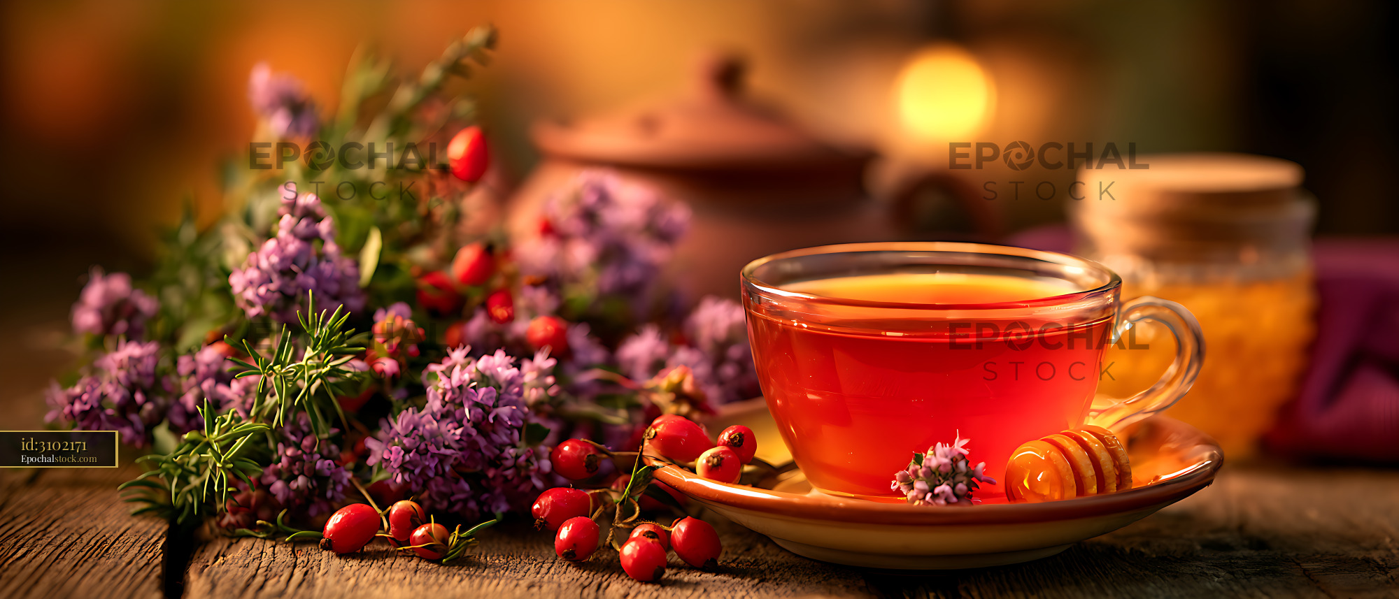 Watermarked full-resolution preview of Red herbal tea surrounded by flowers and berries