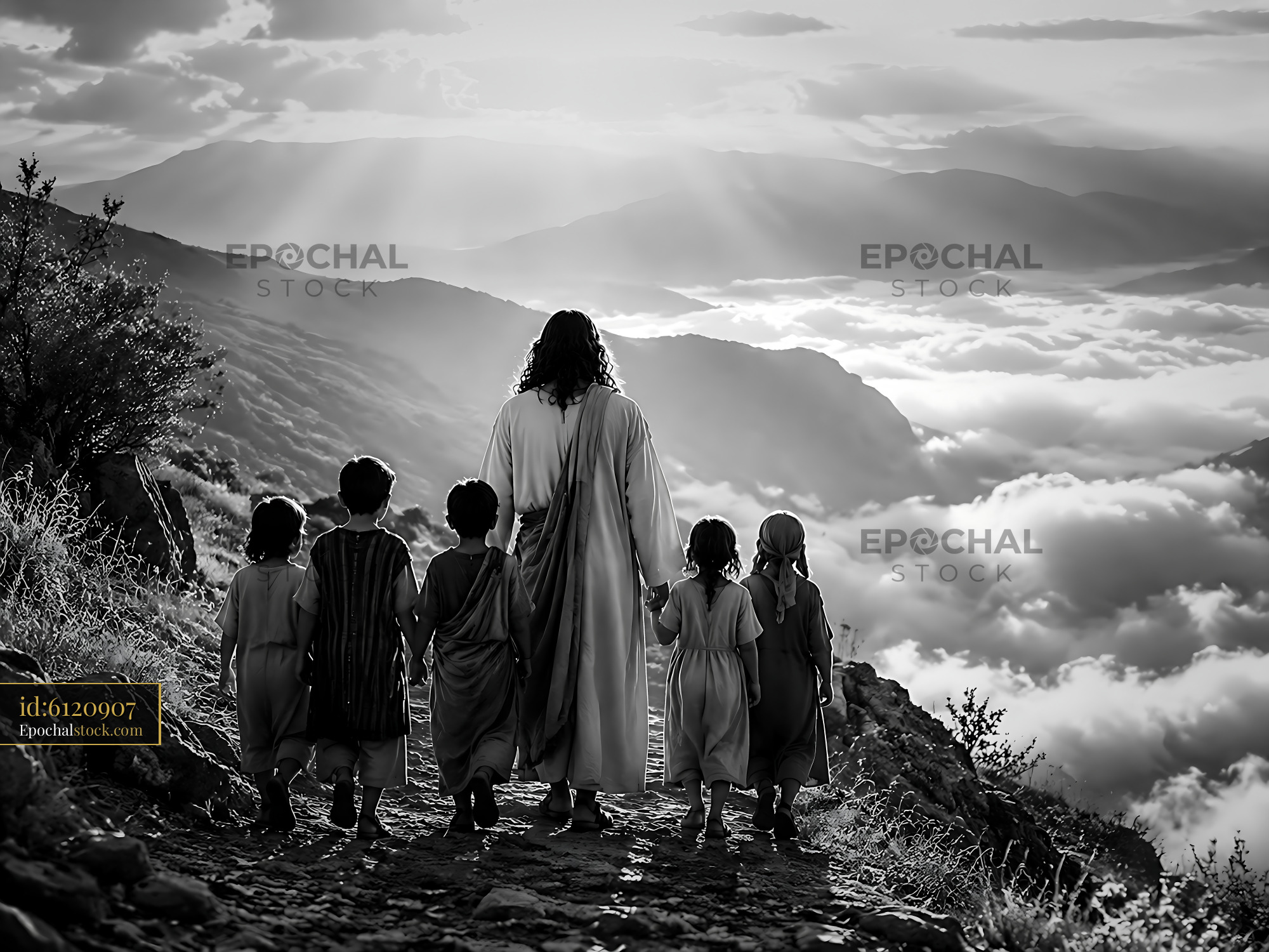 Watermarked full-resolution preview of People walking on a path in black and white with clouds below