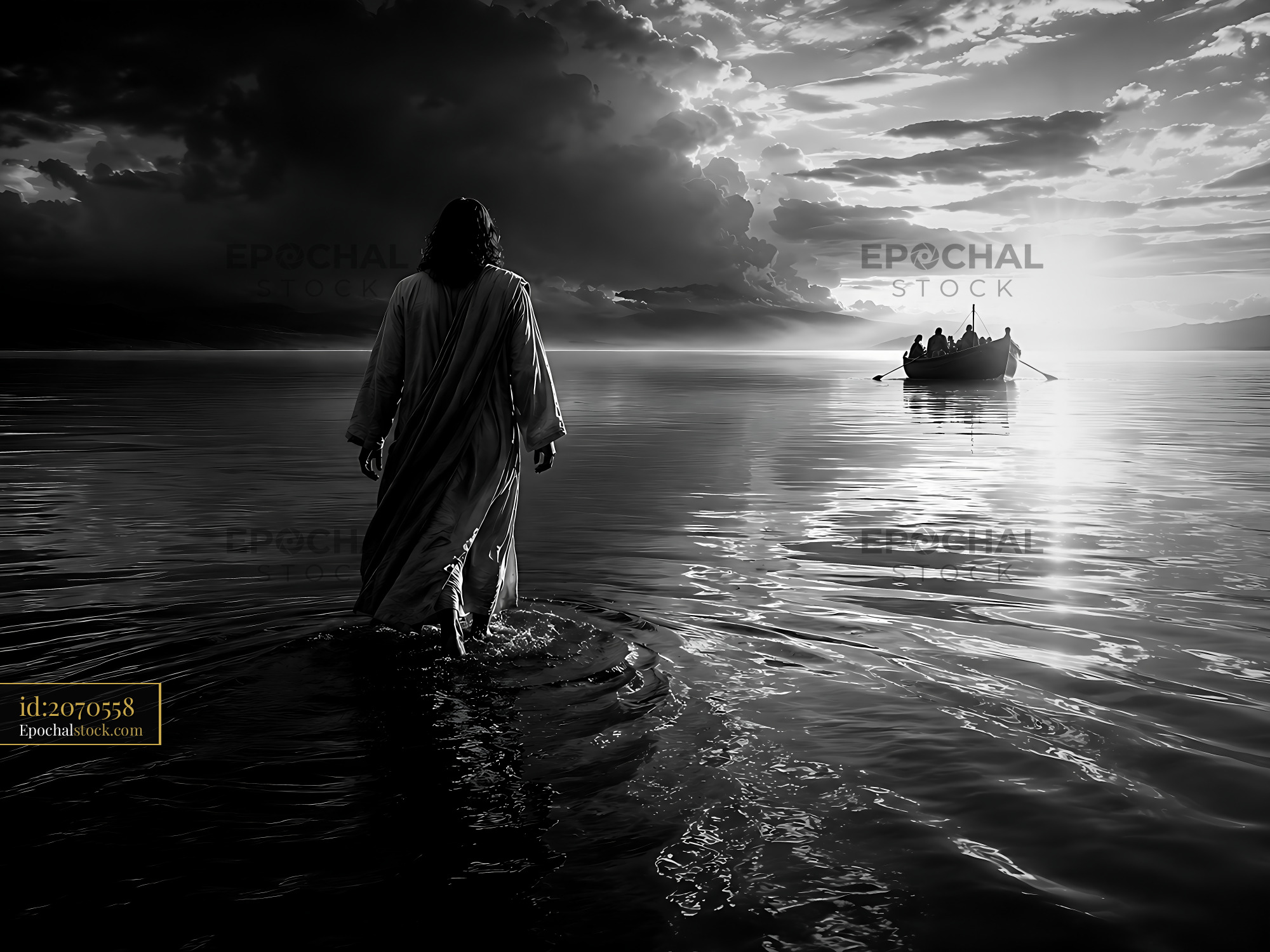 Watermarked full-resolution preview of Walking on water at sunset with a boat in the background