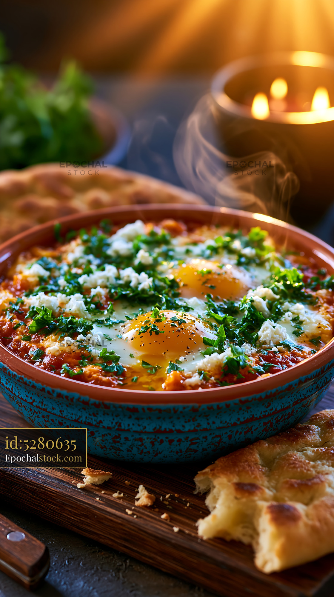 Watermarked full-resolution preview of Traditional dish with eggs and herbs on a wooden table