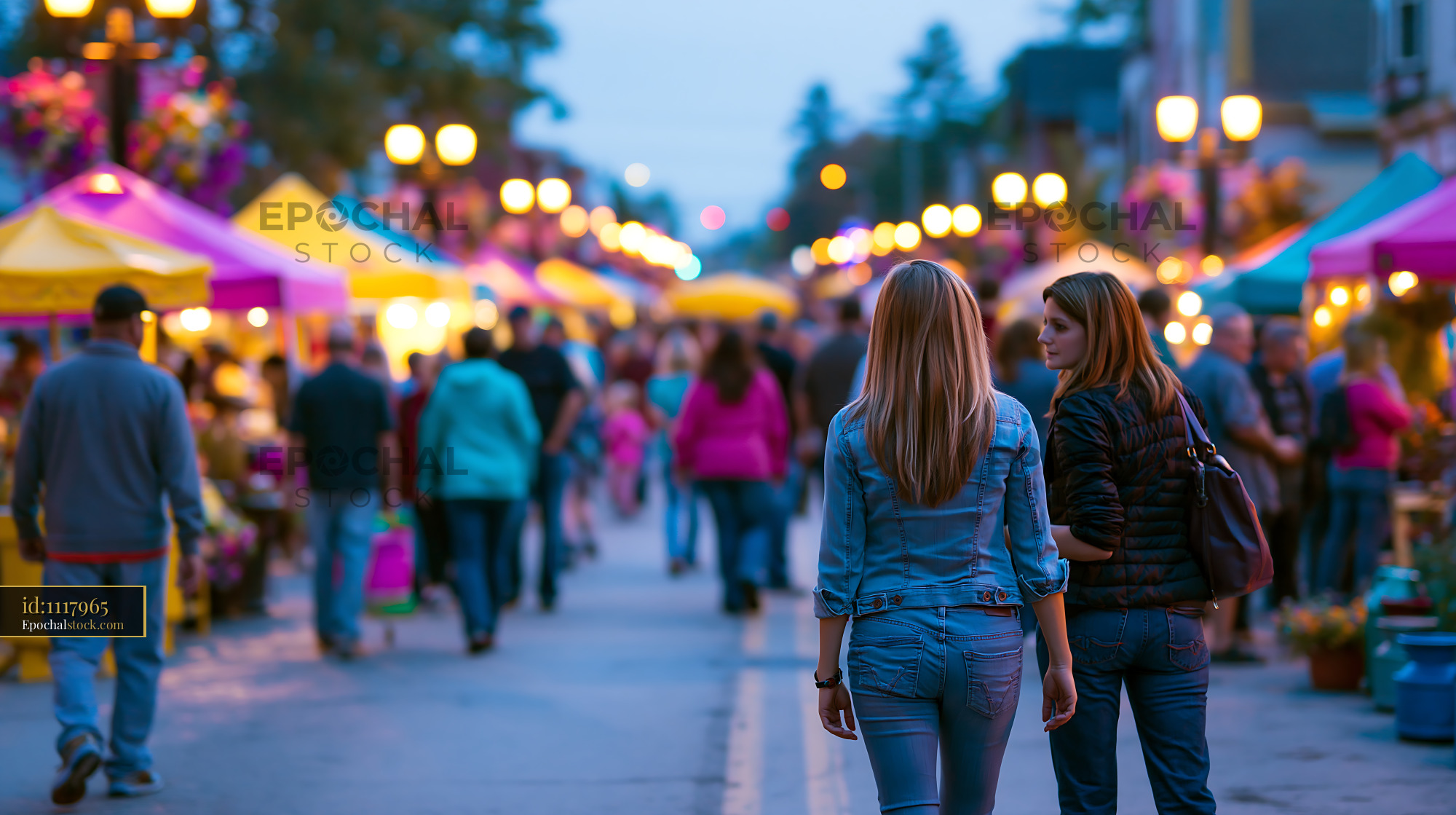 Watermarked full-resolution preview of Evening market scene with people and colorful stalls