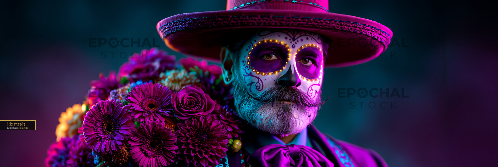 Watermarked full-resolution preview of Colorful portrait of man with painted face and flowers