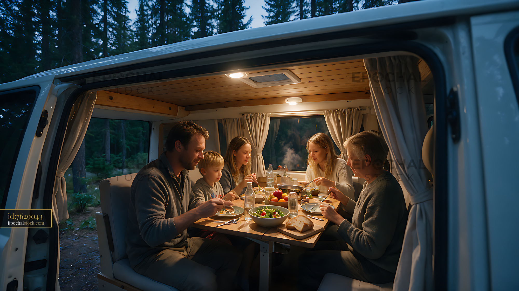 Watermarked full-resolution preview of Family sharing dinner in a forest camper van