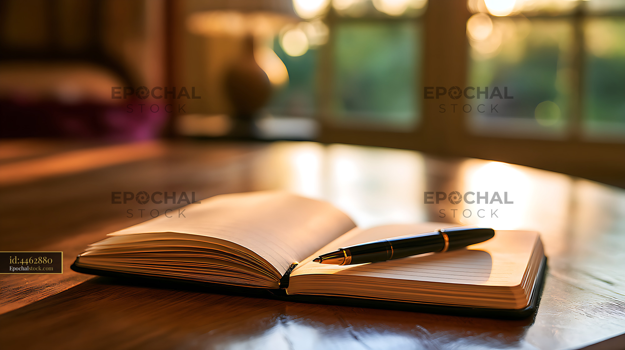 Watermarked full-resolution preview of Open lined journal and pen in warm window light