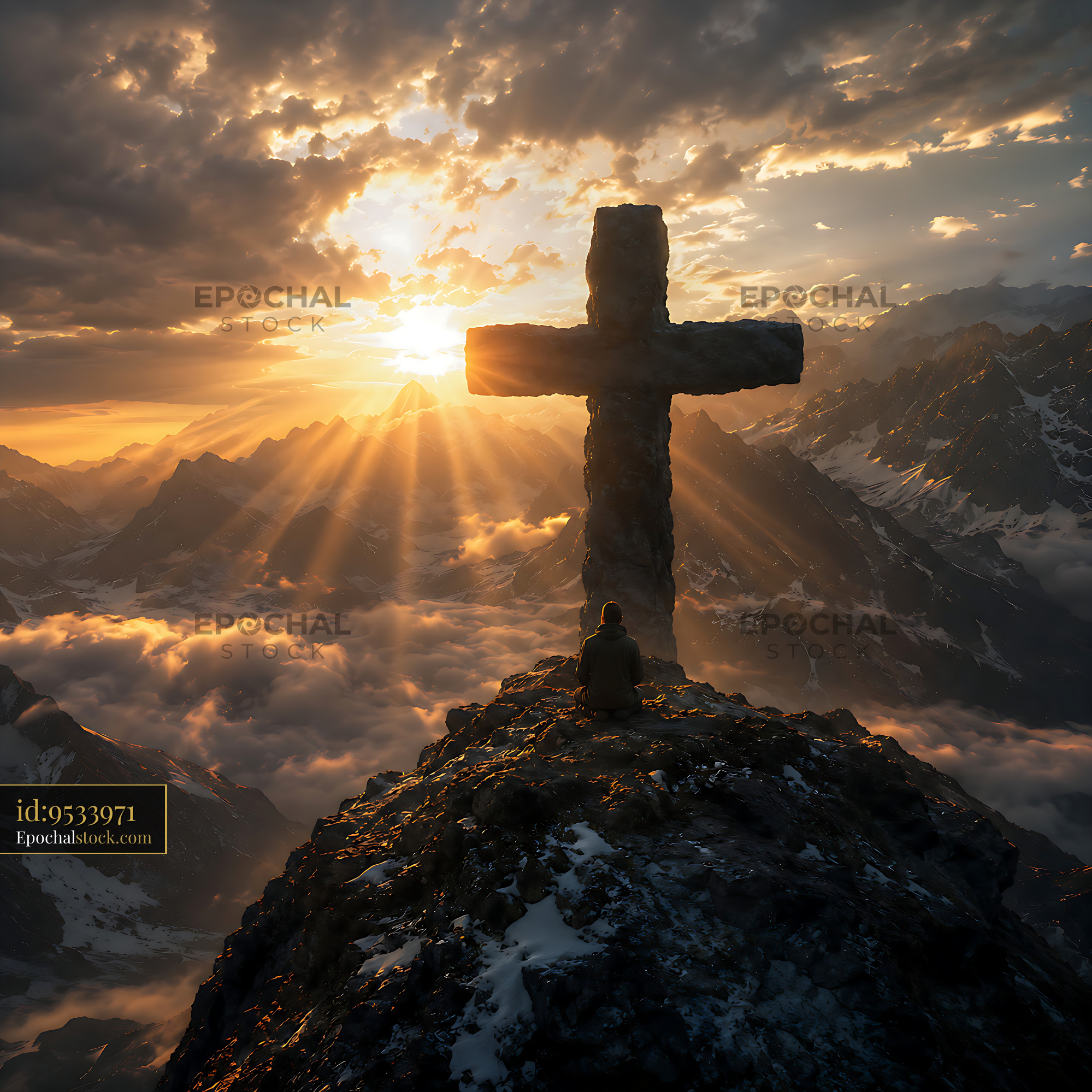 Cross Stands on a Mountain Peak During Sunset With a Person Sitting - stock photo