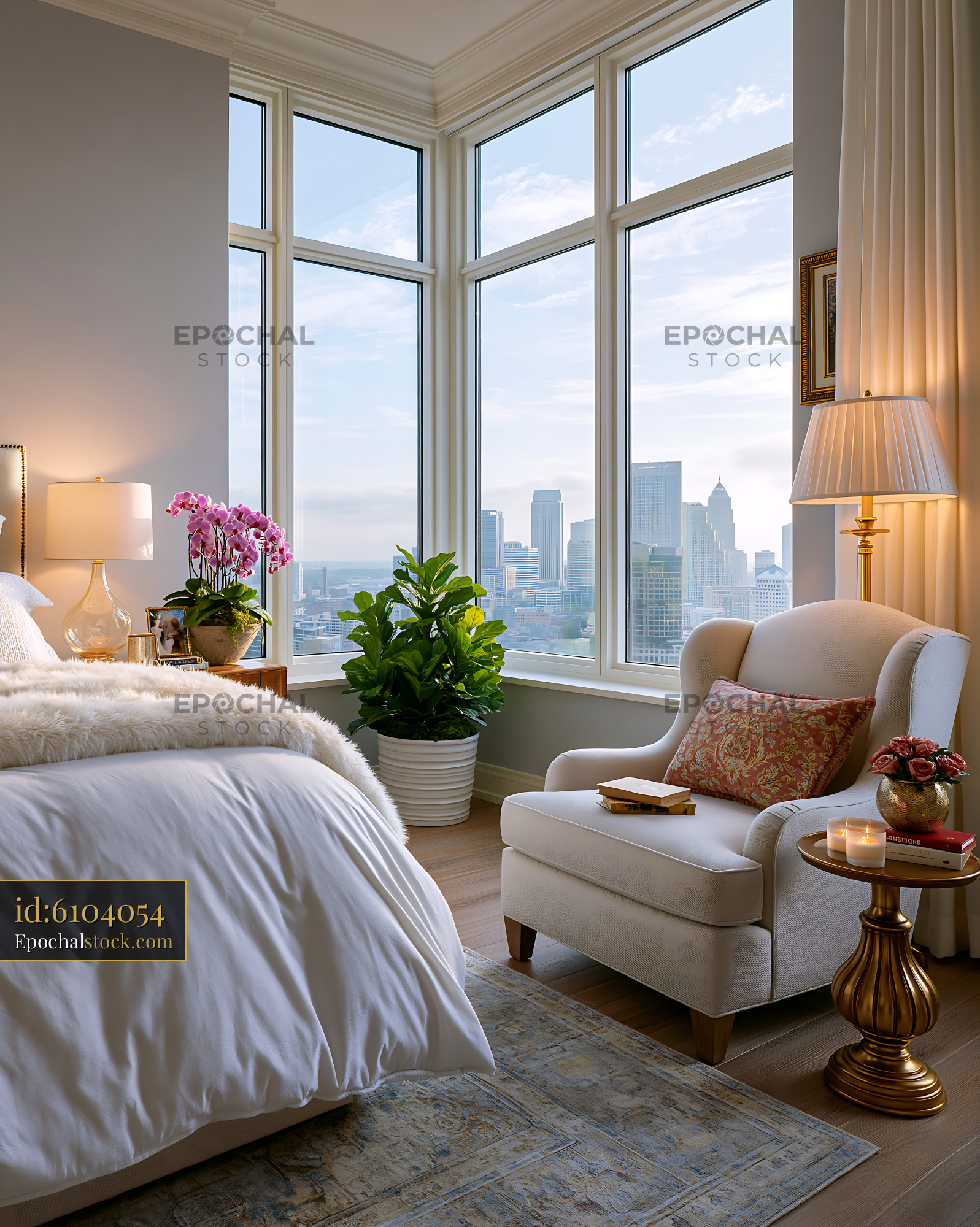 Watermarked full-resolution preview of City view bedroom with large windows and modern decor