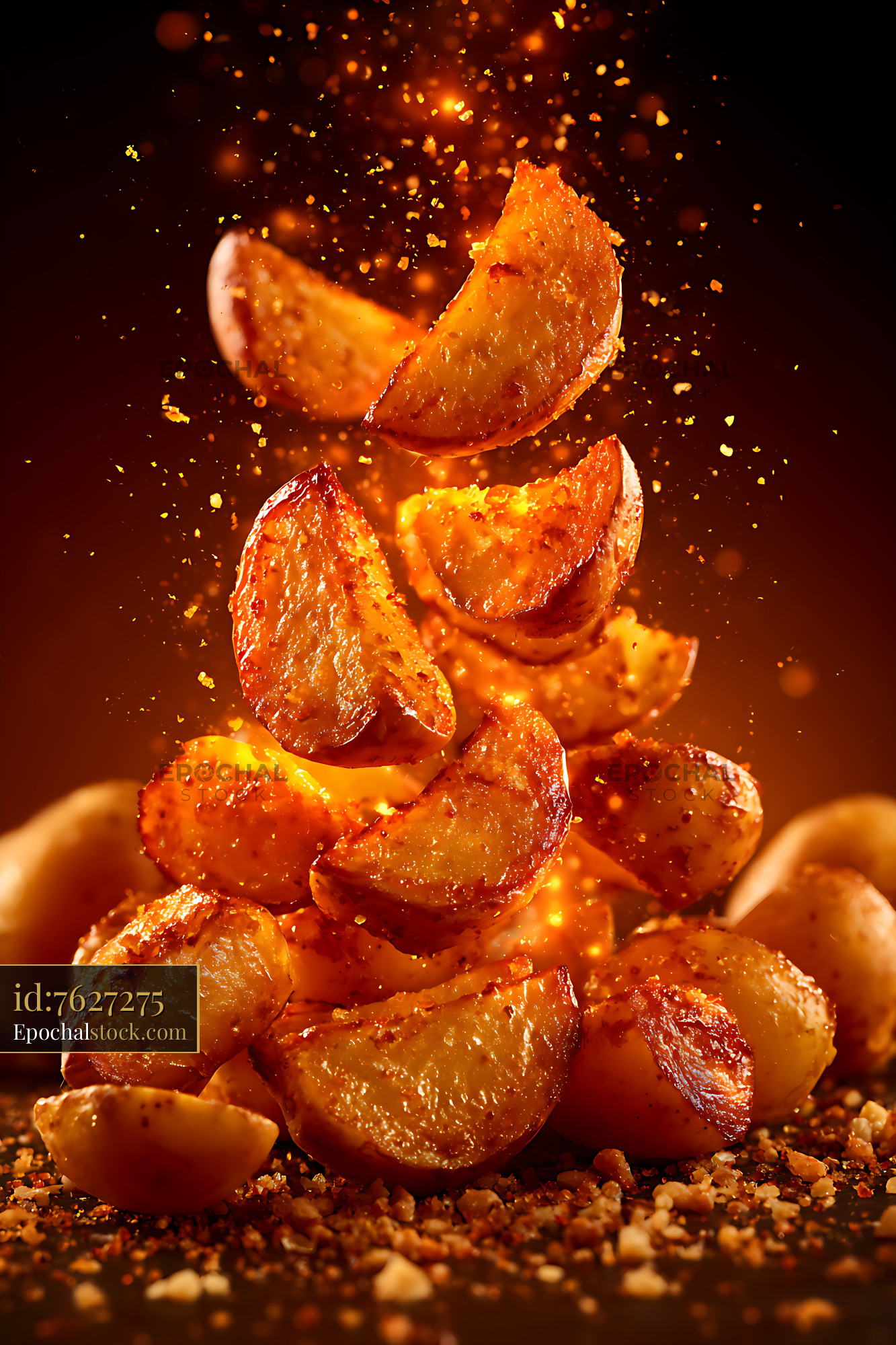 Watermarked full-resolution preview of Golden roasted potato wedges surrounded by flying crumbs