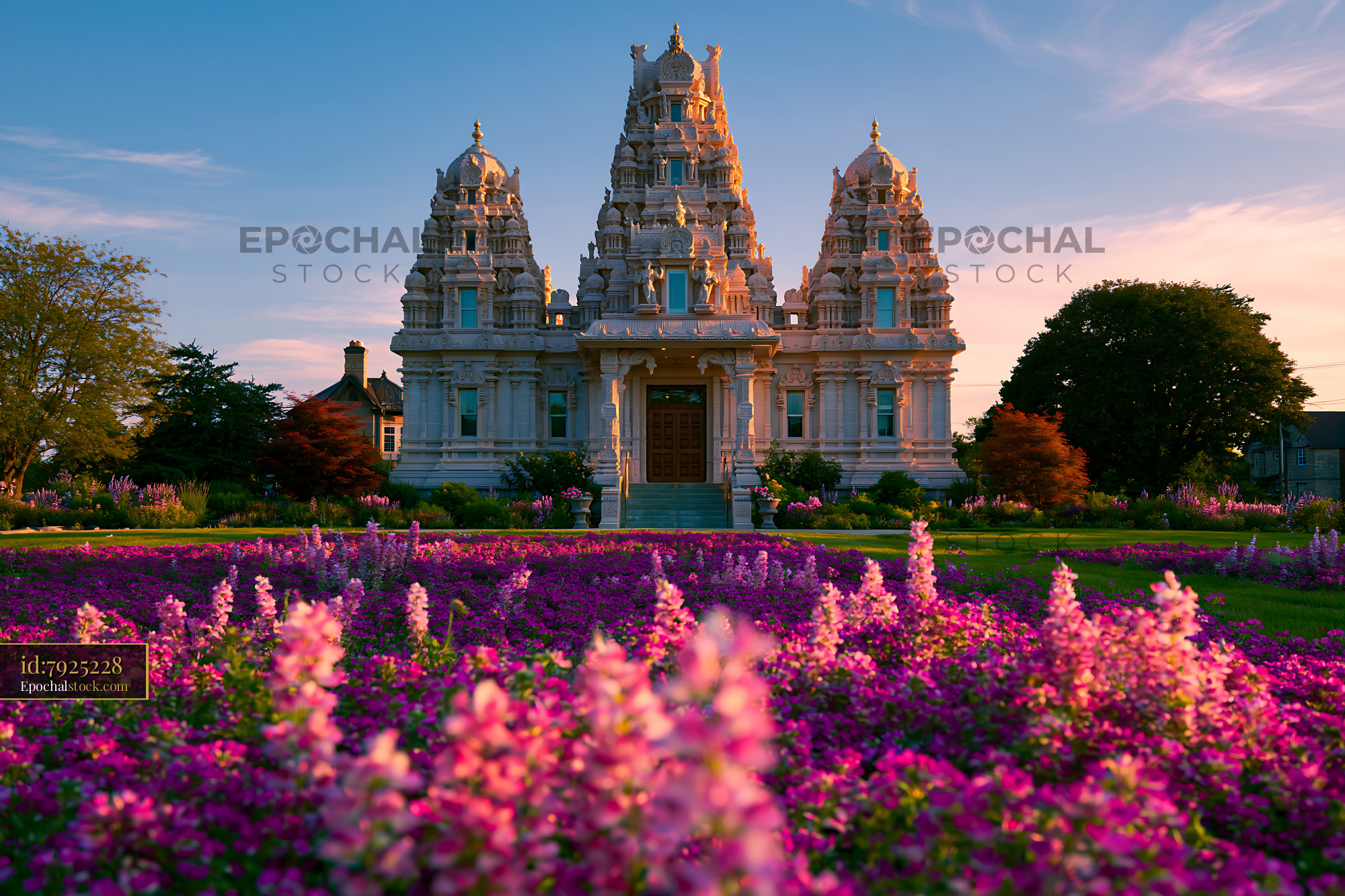 Watermarked full-resolution preview of Temple surrounded by flowers during sunset in a garden